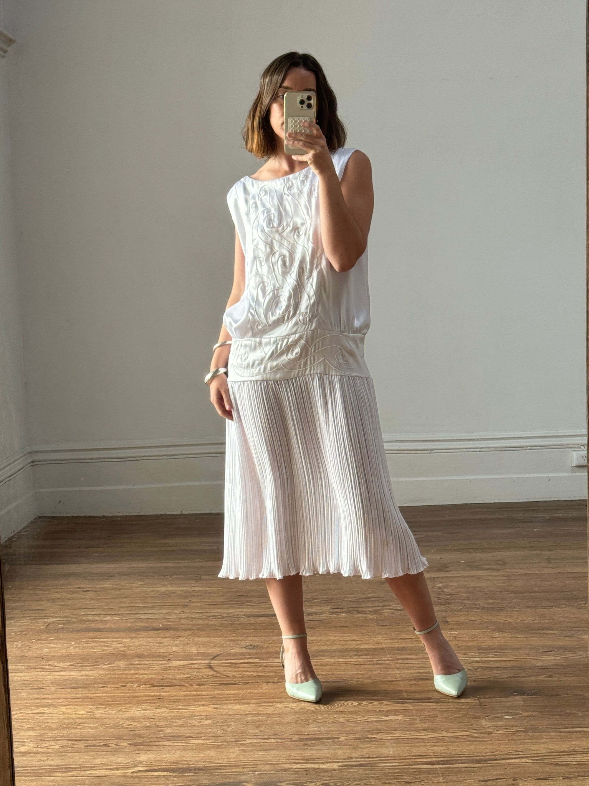 Vintage Embroidered White Satin Drop Waist Dress