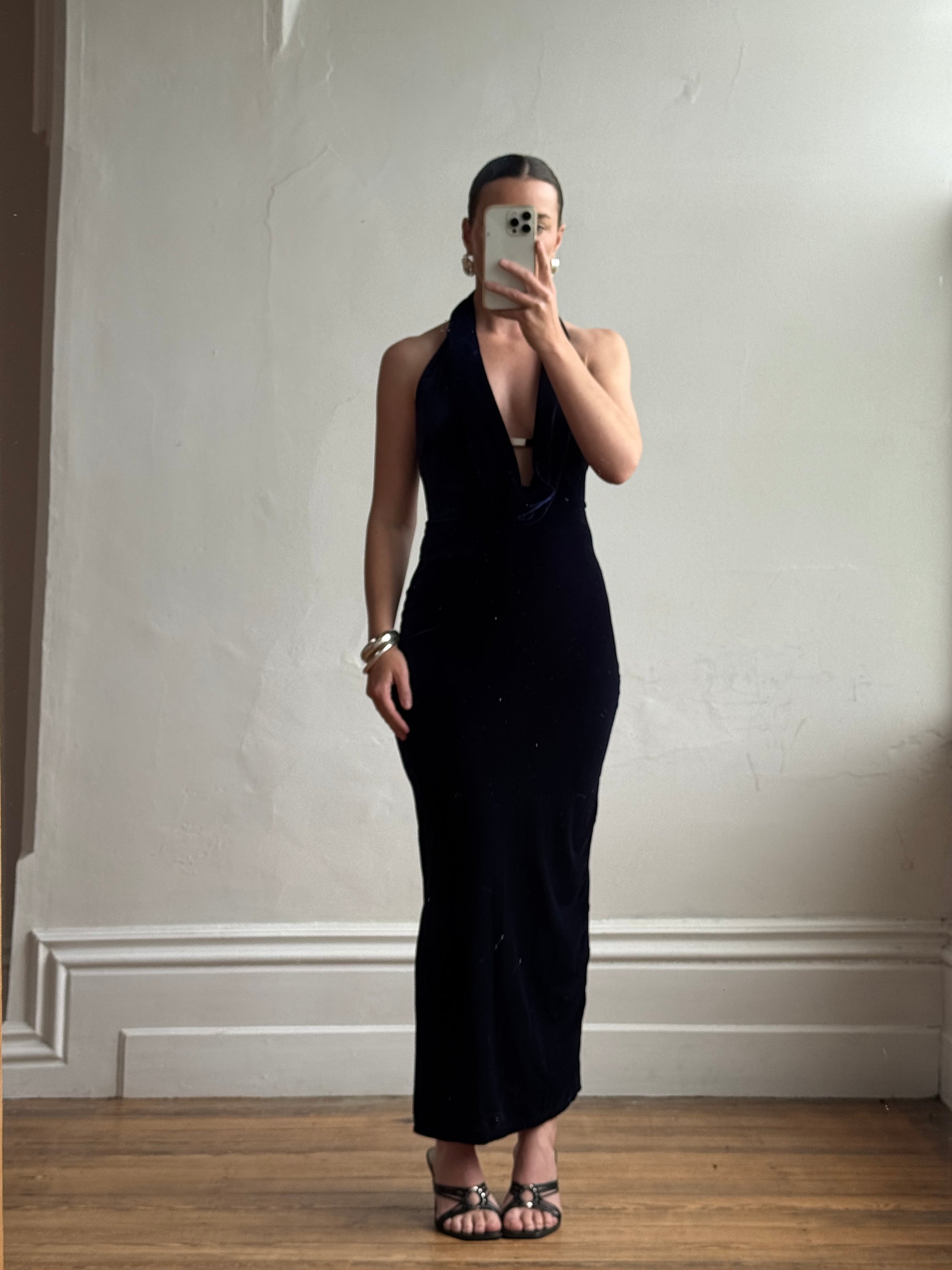 Vintage 90s Plunging Navy Velvet Bodycon Dress with Silver Hardware