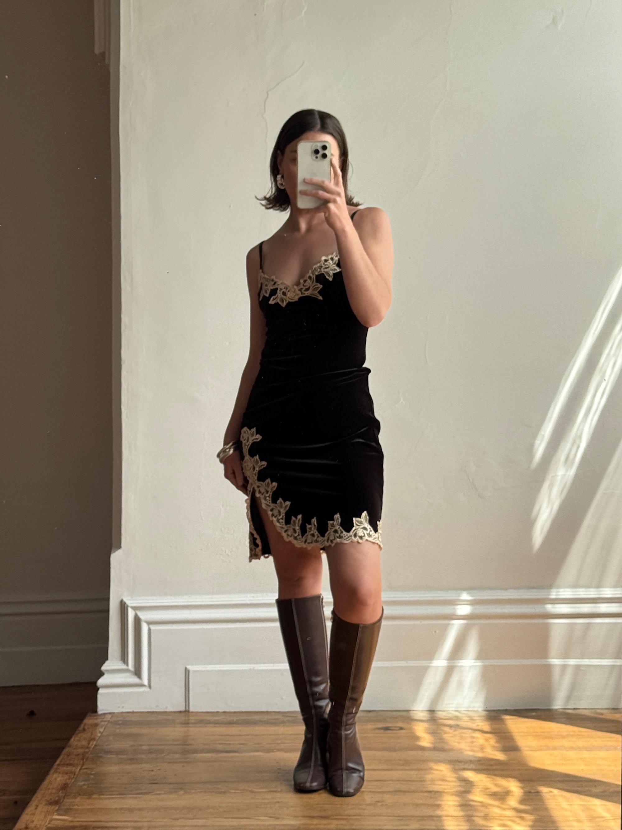 Vintage 90s Australian Made Velvet Lace Side Split Dress Creme Noir