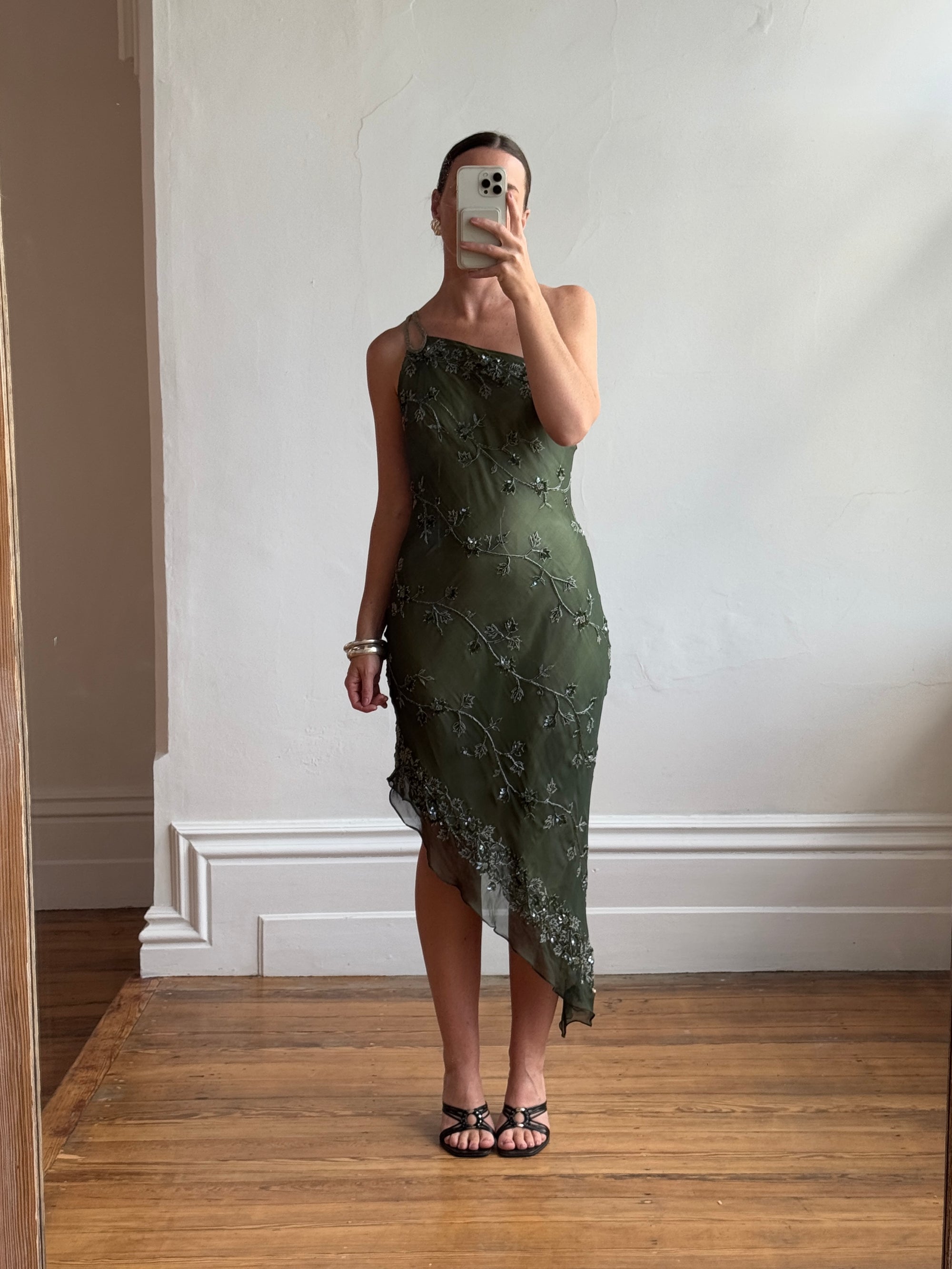 Vintage 90s Pure Silk Embellished Asymmetrical Midi Dress Olive Call Me The Breeze Vintage 90s Pure Silk Embellished Asymmetrical Midi Dress Olive Call Me The Breeze