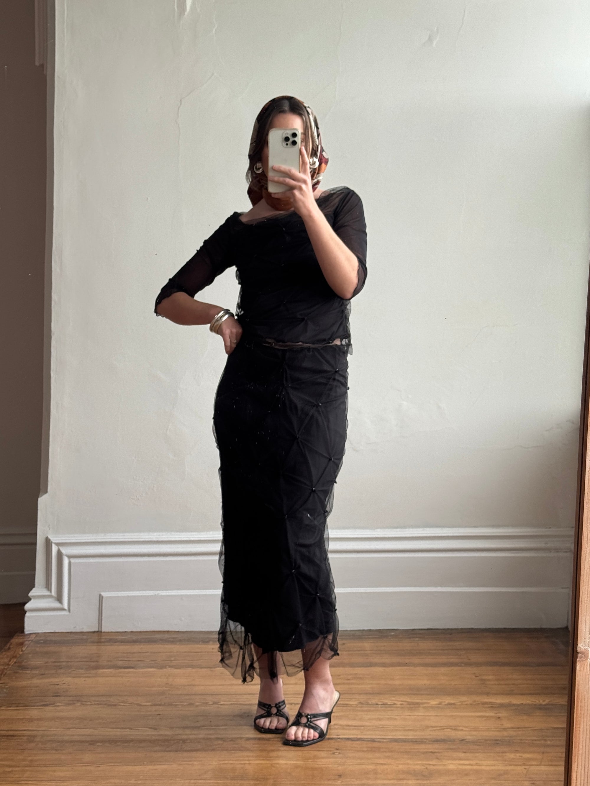 Vintage 90s Mesh Smocked Two Piece Set noir