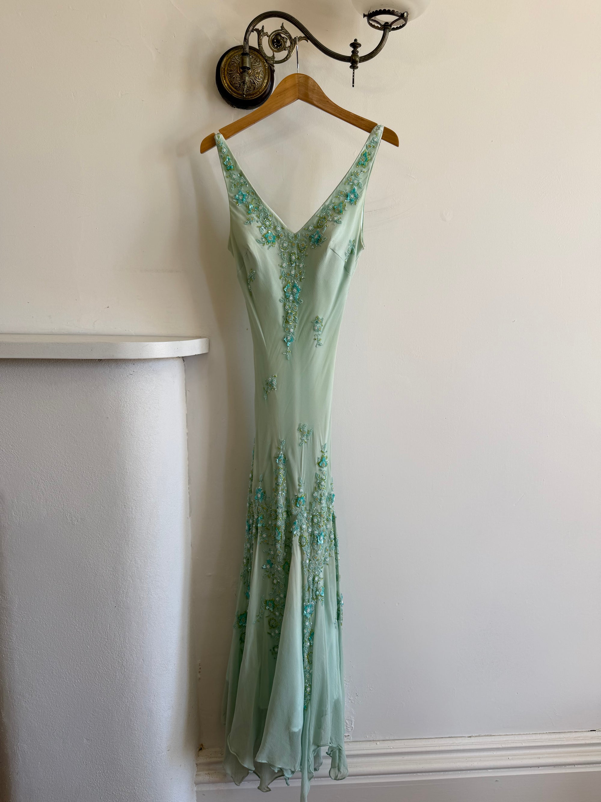 Vintage 90s Pure Silk Aquamarine Fairy Beaded Dress