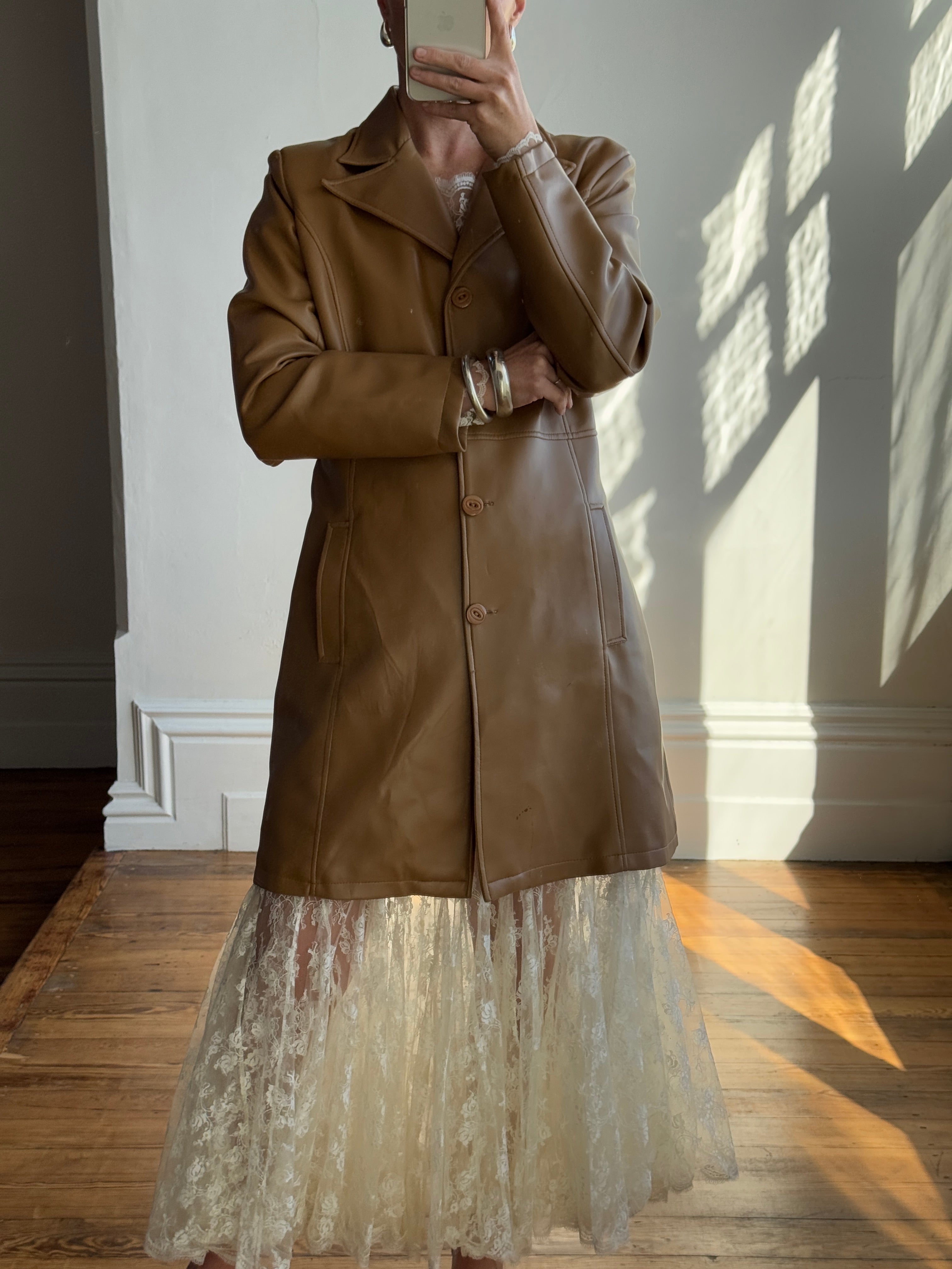 Vintage Y2K Tan Faux Leather Trench Coat