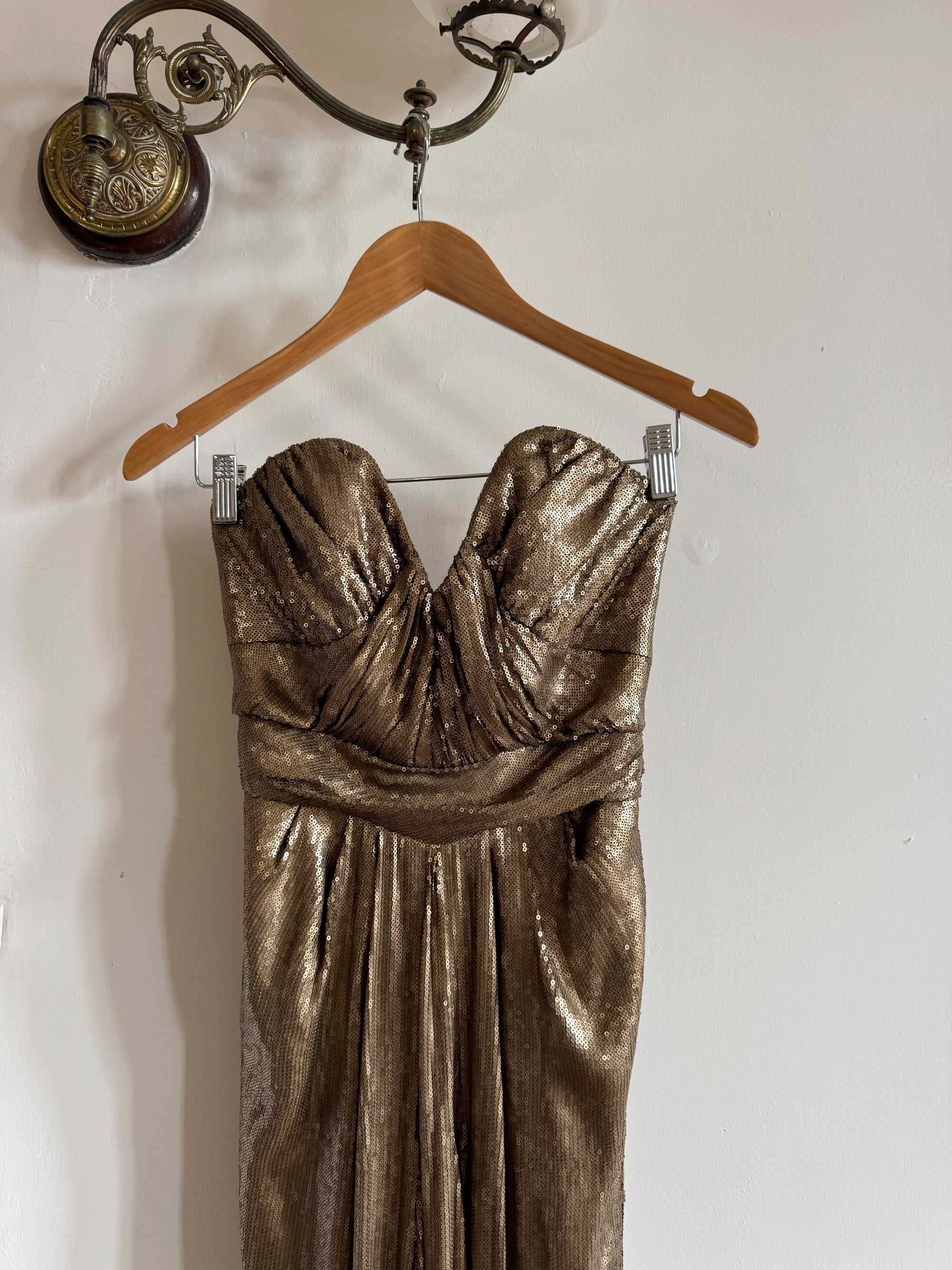 Vintage Y2K Plunging Golden Sequin Prom Dress