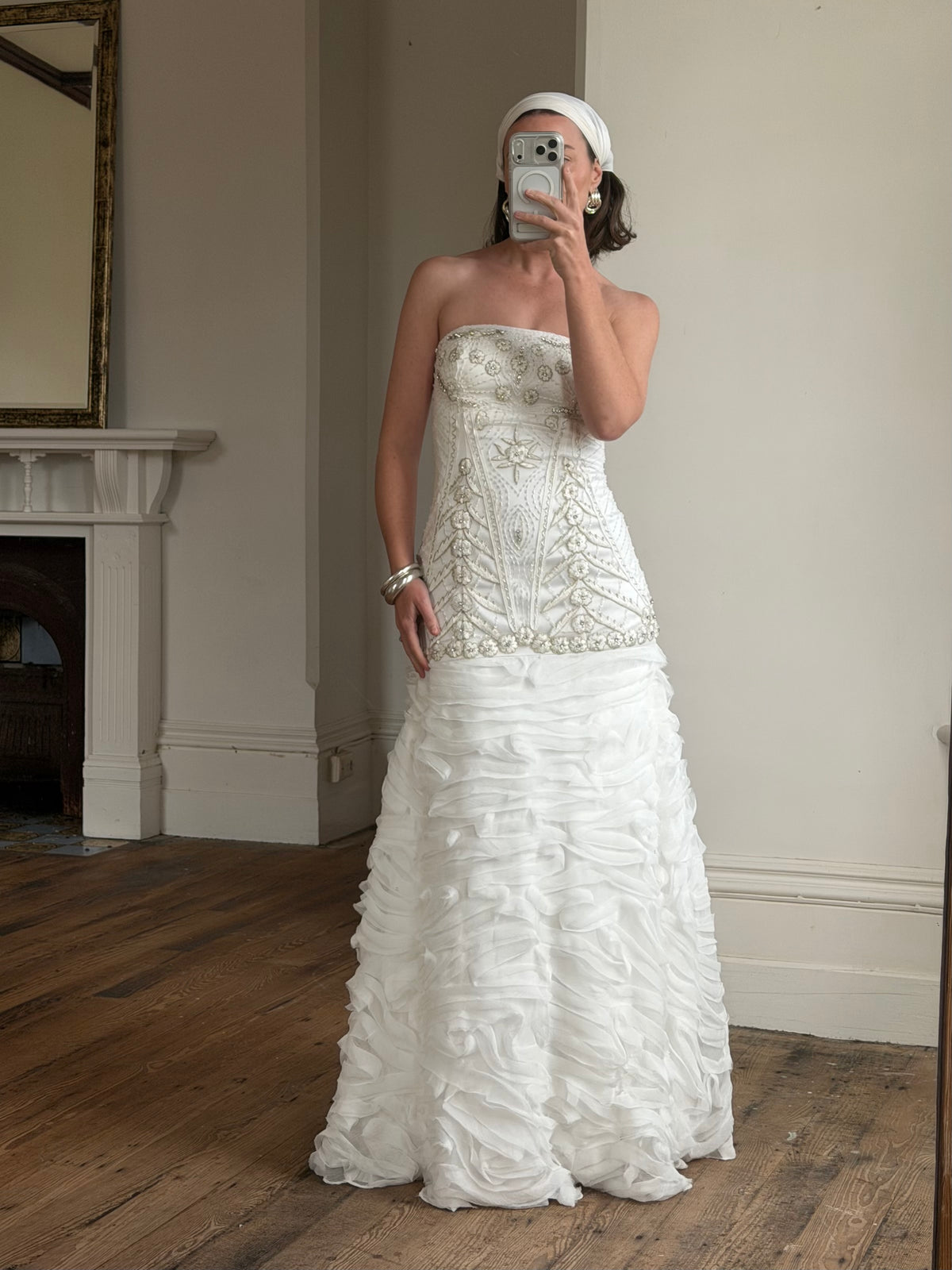 Vintage 90s Strapless Embellished Ruffled Wedding Gown