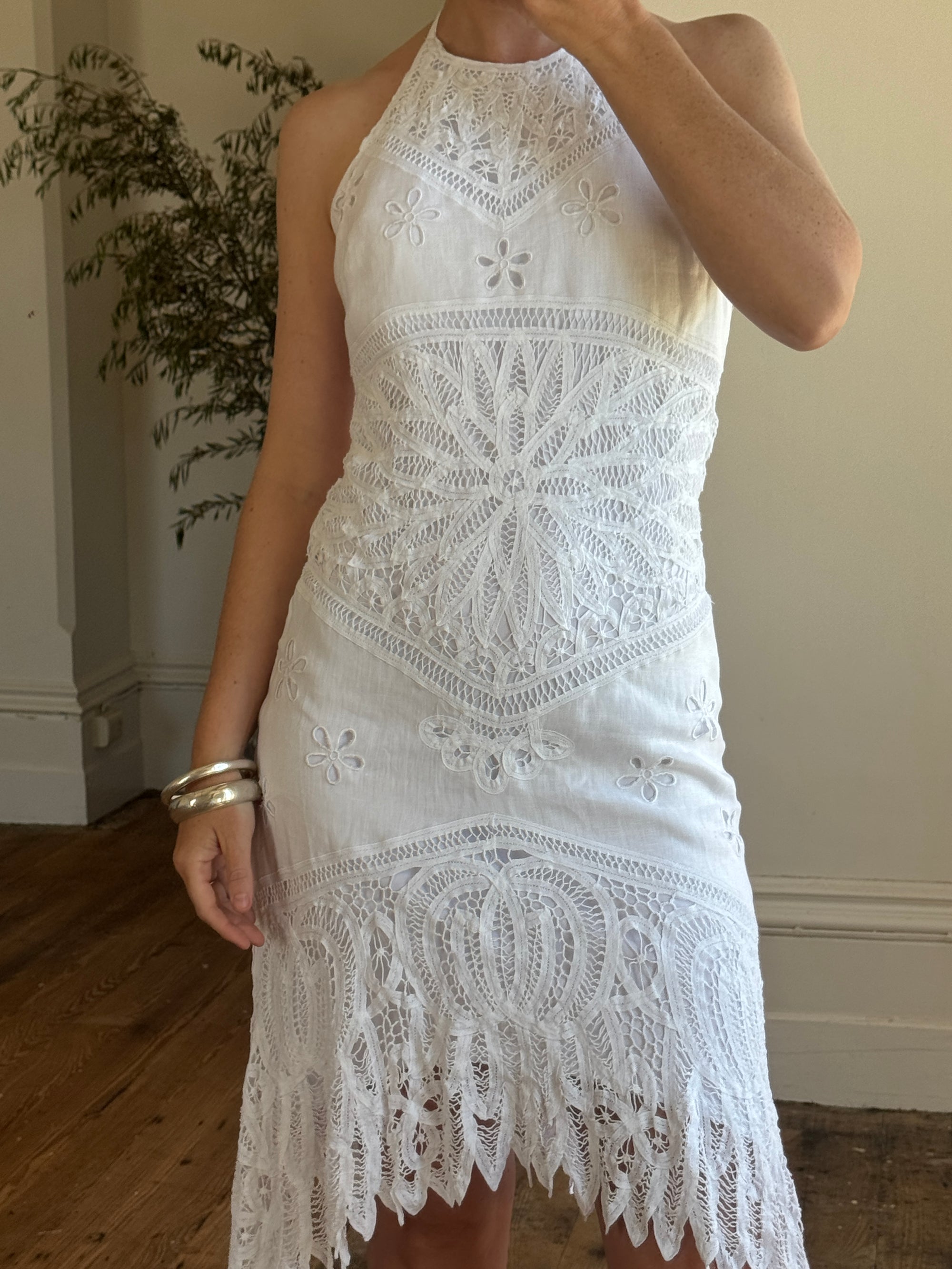 Vintage 90s Crochet Linen Handkerchief Halter Dress