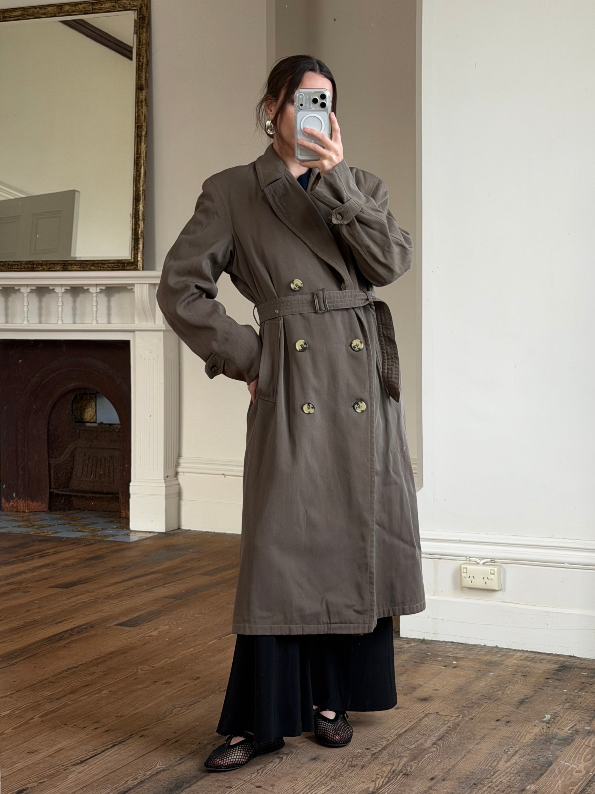 Vintage 70s Showerproof Double Breasted Trench Coat Olive