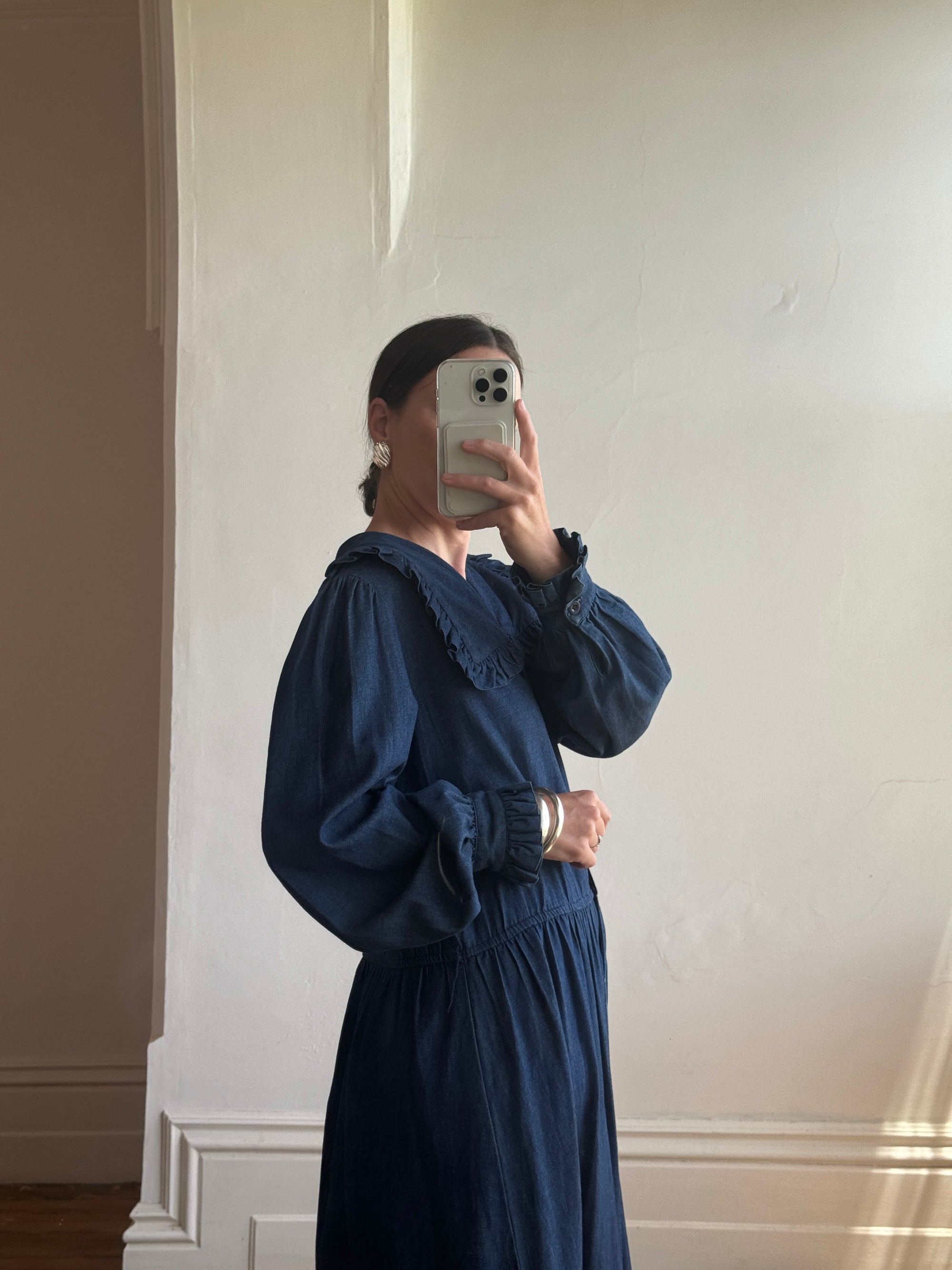 Vintage 80s Giant Collar Chambray Dress Navy
