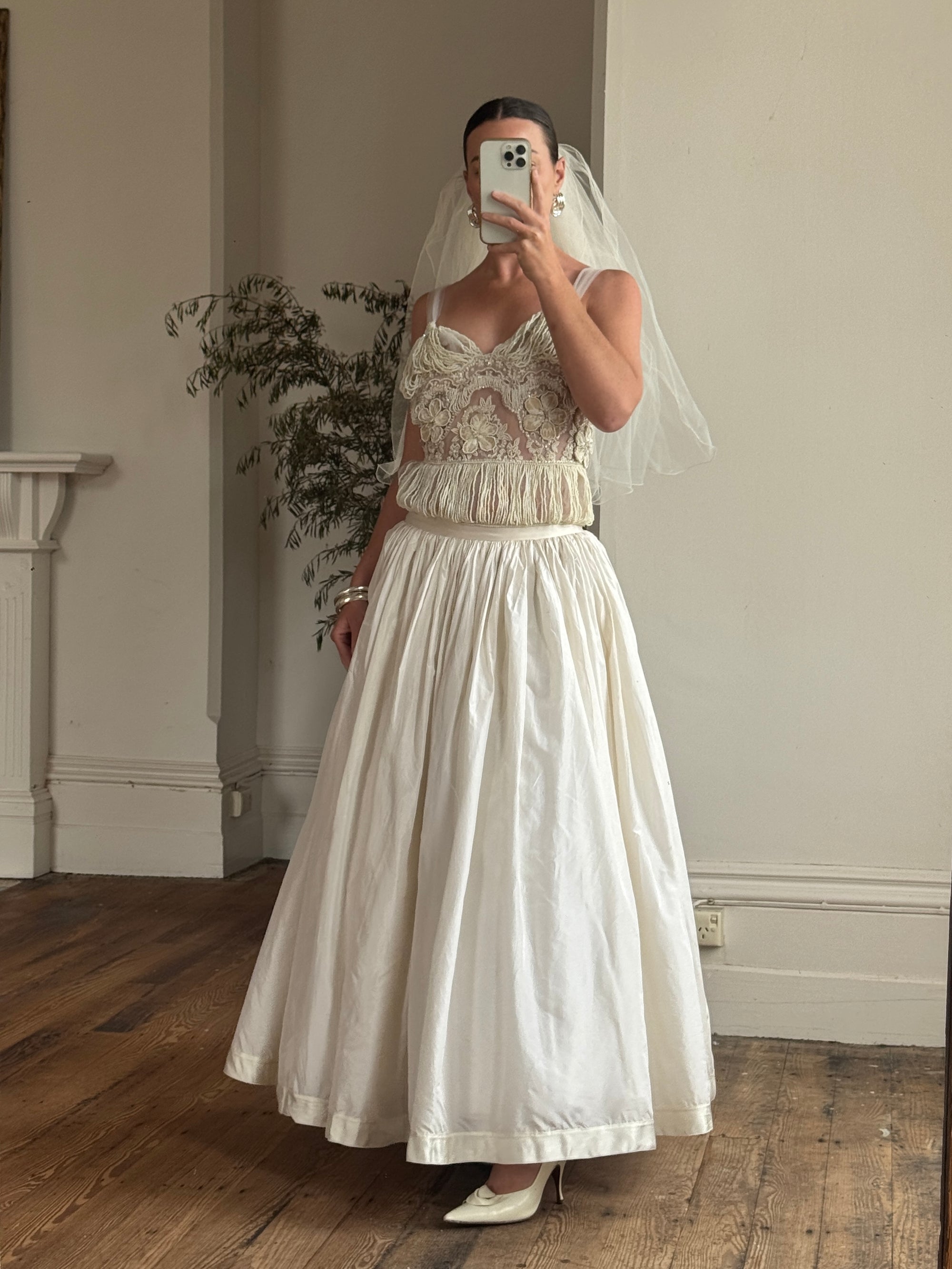 Vintage 90s Two Piece Tulle Beaded Top and Princess Silk Satin Skirt