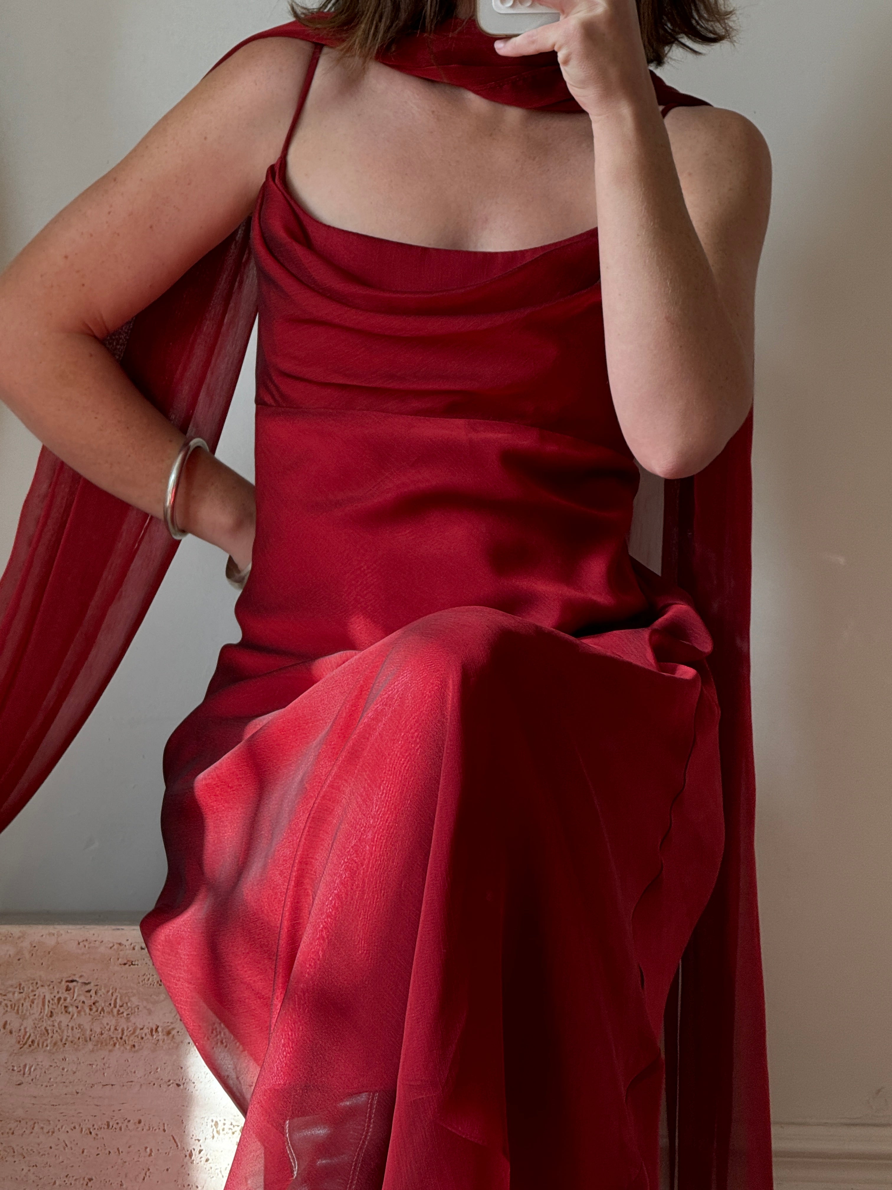 Vintage 90s Red Slip Dress with Skinny Scarf