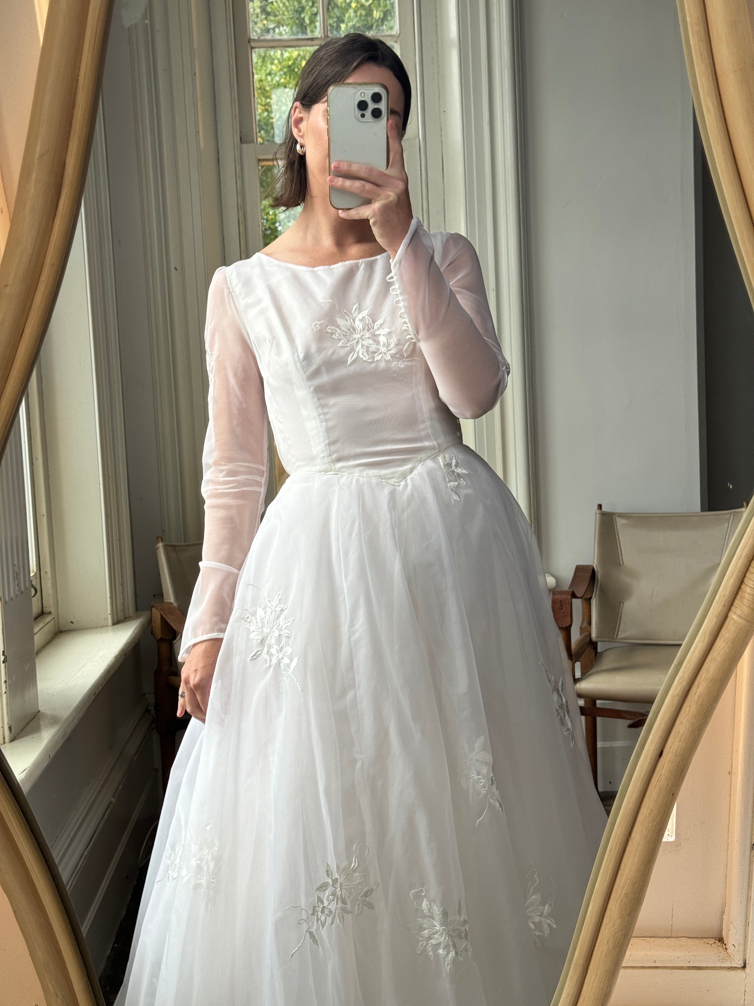 Vintage 50s Basque Waist Sheer Floral Wedding Dress