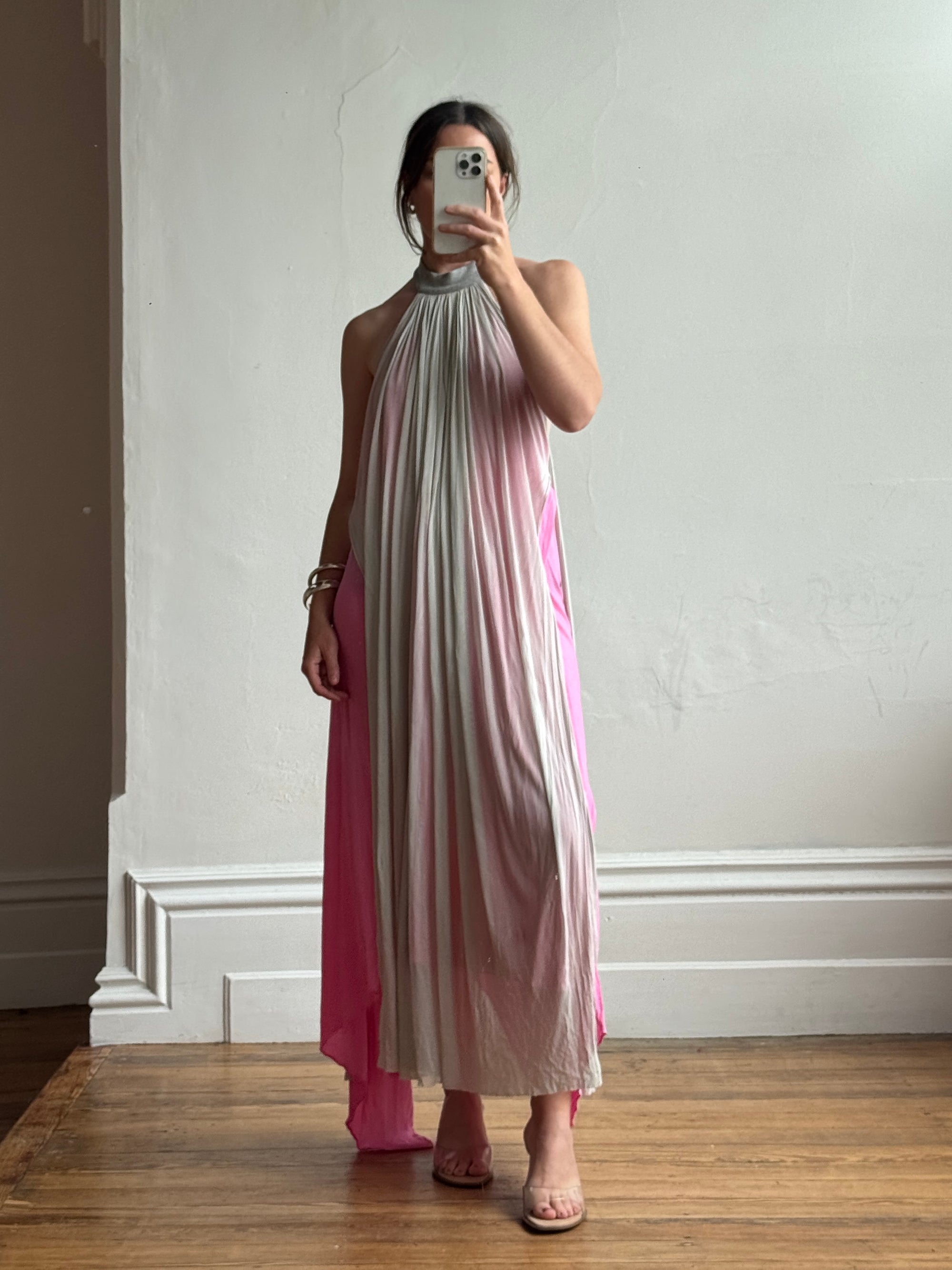 Vintage Y2K Mesh Silk Halter Dress Hot Pink