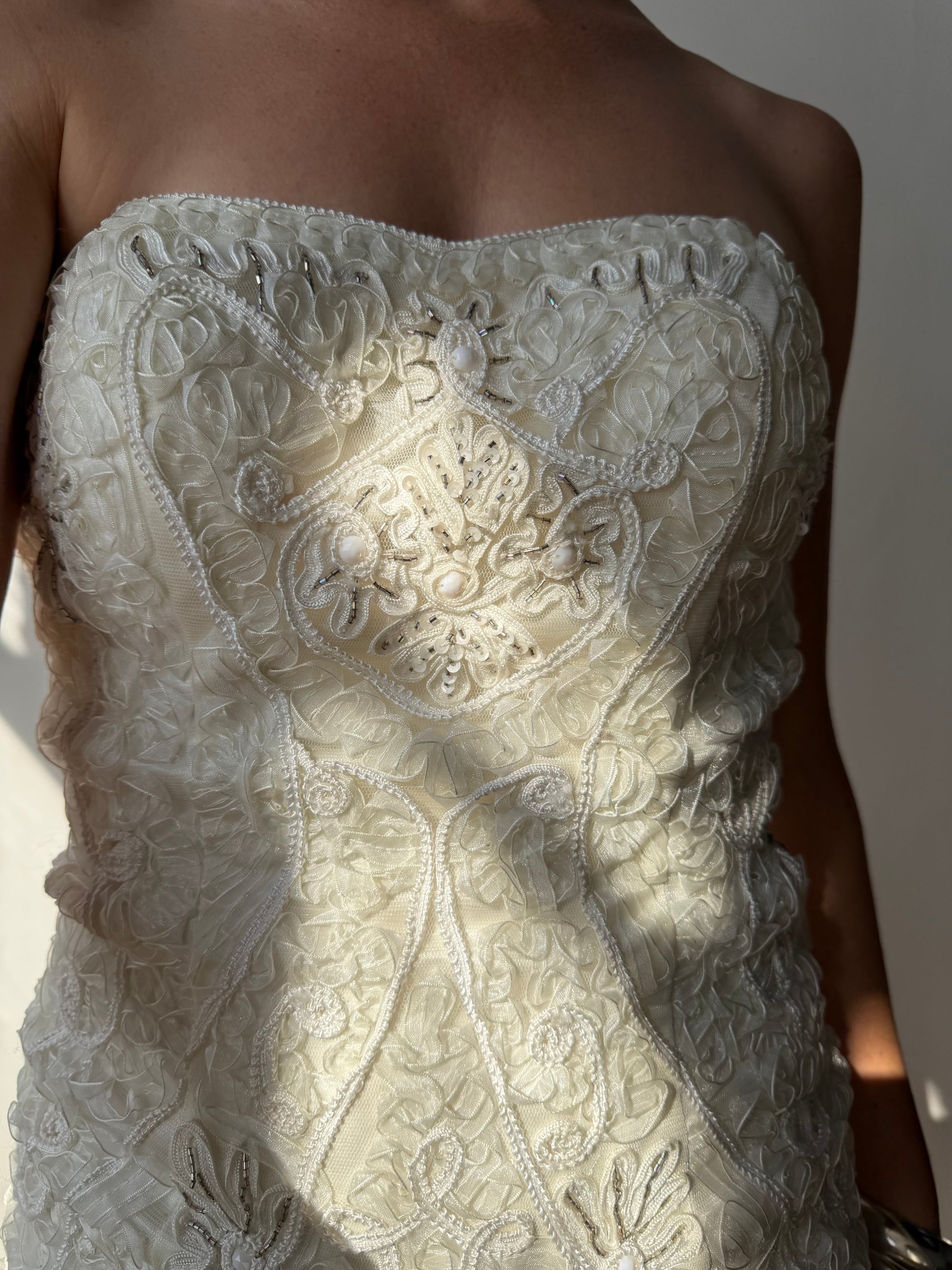 Vintage 90s Ribbon Crochet Embroidered Mini Dress