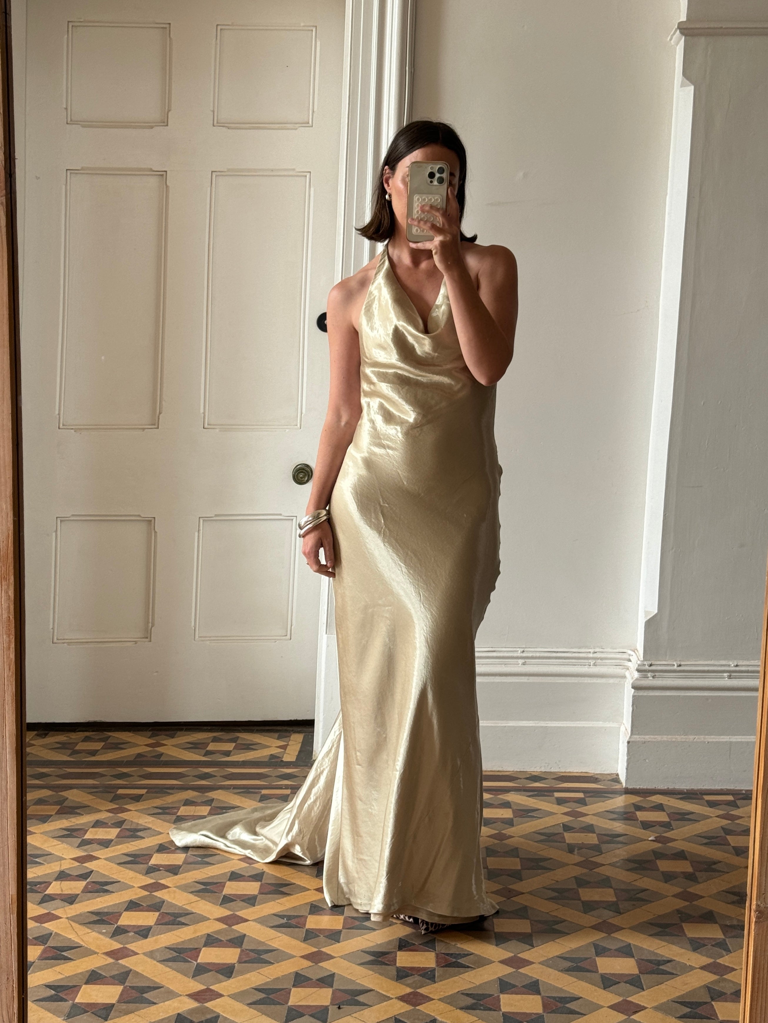 Vintage 90s Gold Shimmer Backless Gown