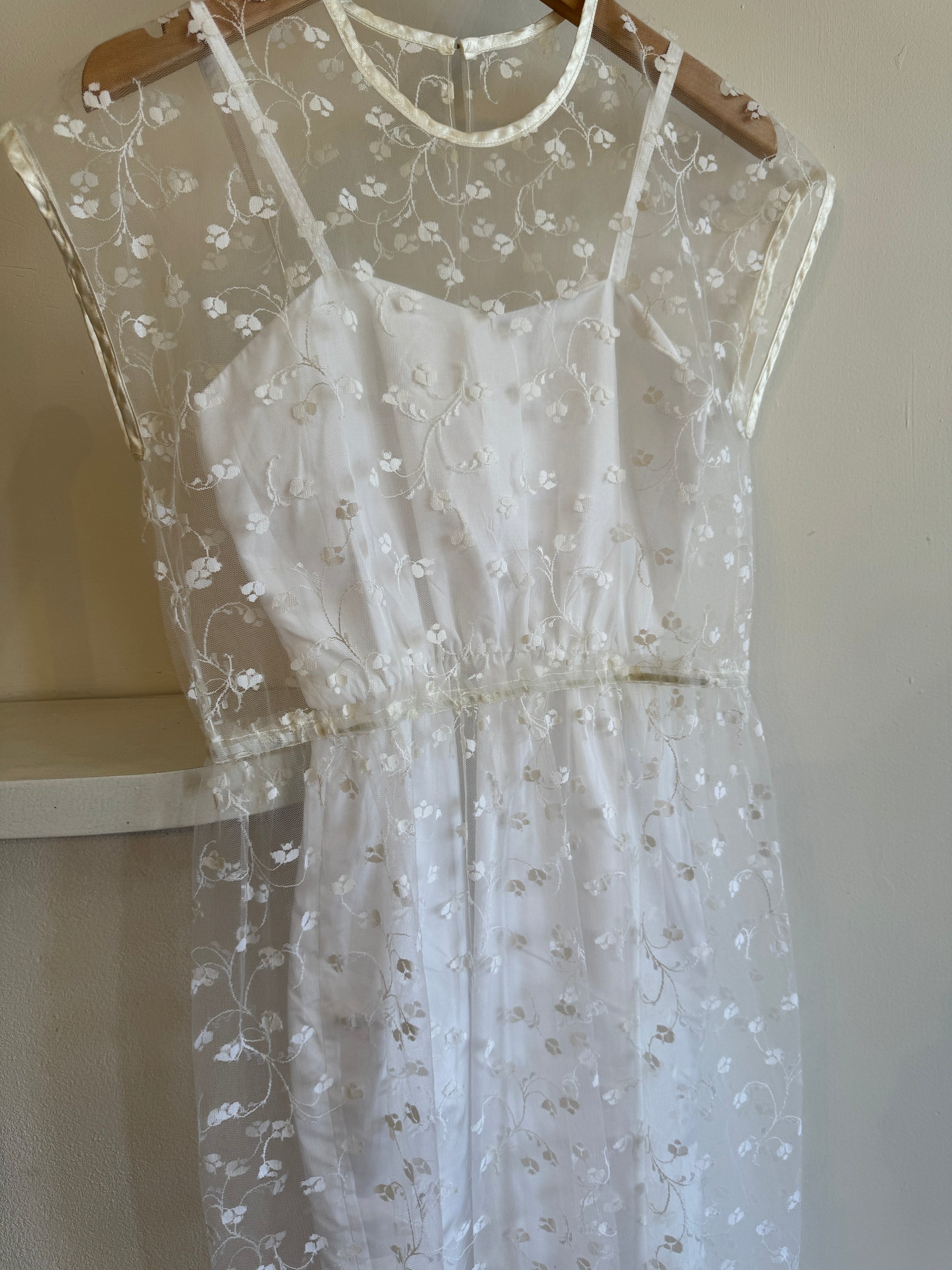 Vintage Sheer Cap Sleeve Floral Midi White