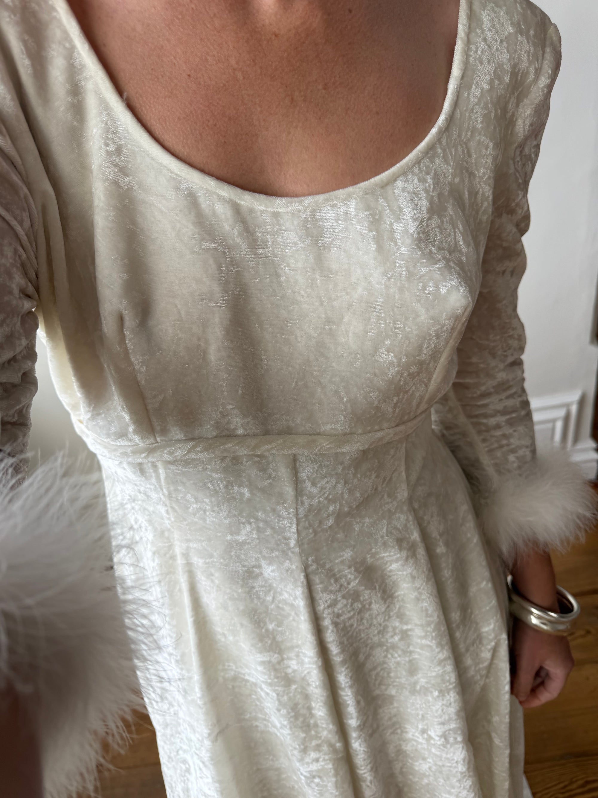 Vintage 90s Italian Velvet Long Sleeve Feather Wedding Gown