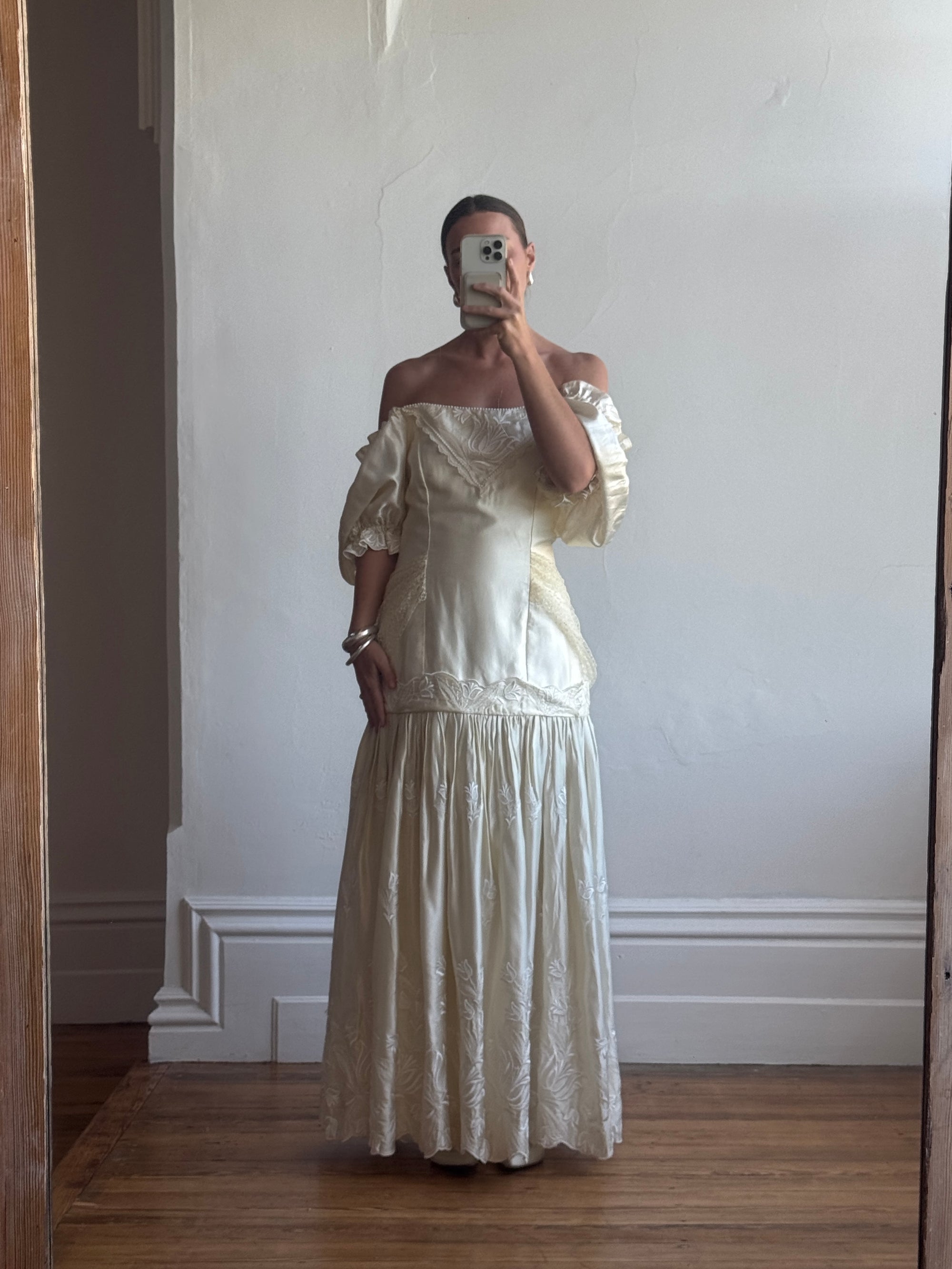 Vintage 80s Drop Waist Satin Jacquard Wedding Dress Call Me The Breeze Vintage 80s Drop Waist Satin Jacquard Wedding Dress Call Me The Breeze