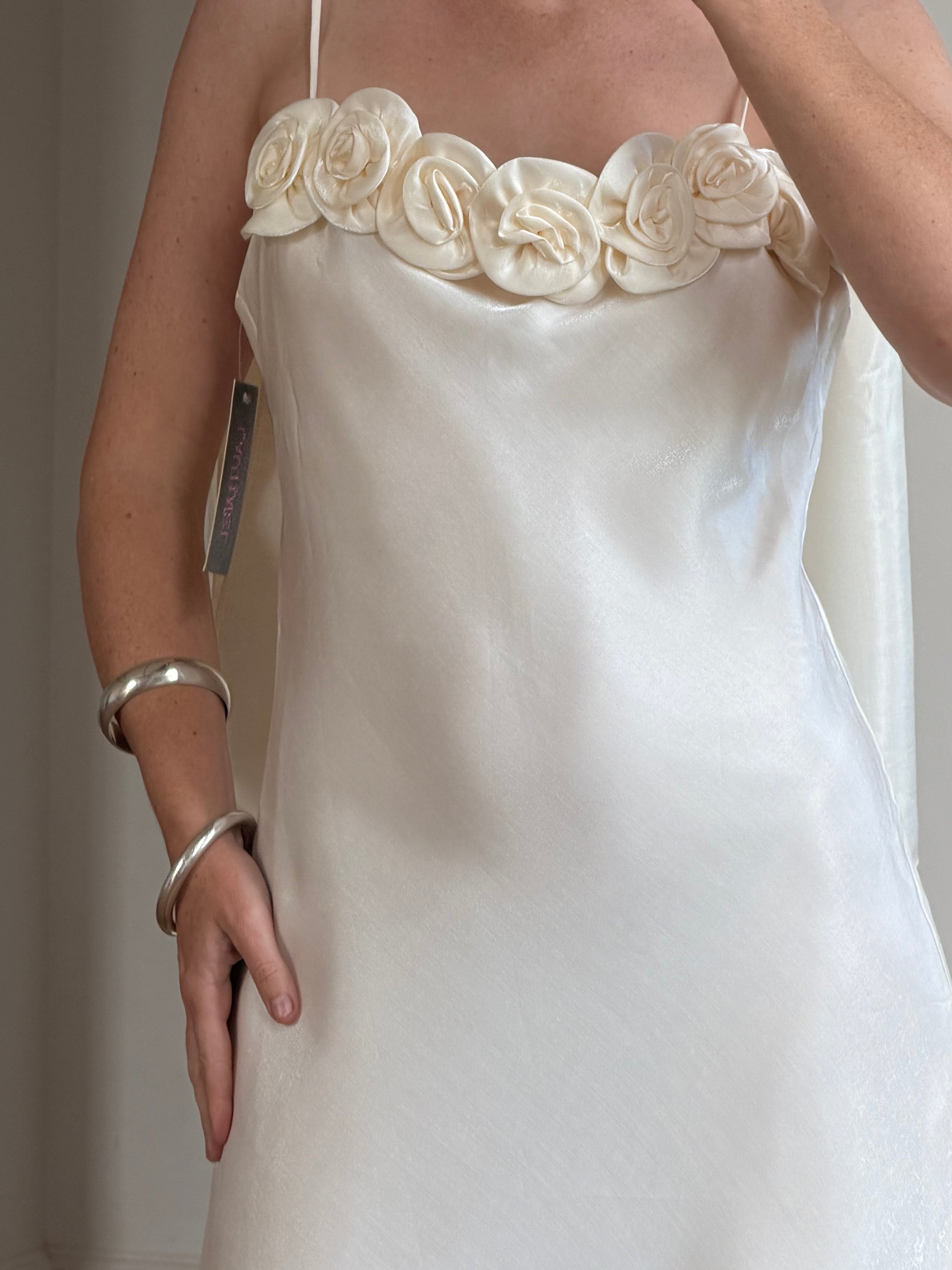 Vintage Y2K Rosette Bridal Slip Dress Champagne Satin