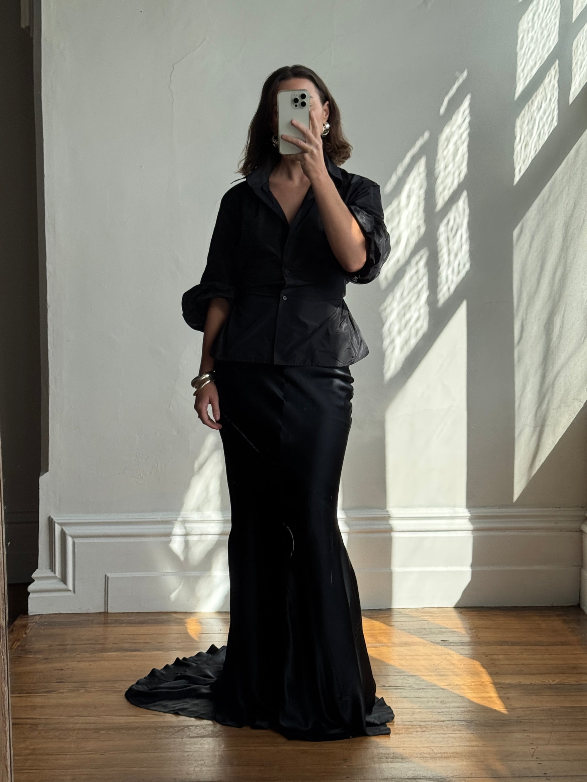 Vintage 90s Pure Silk Fishtail Skirt With Train Noir