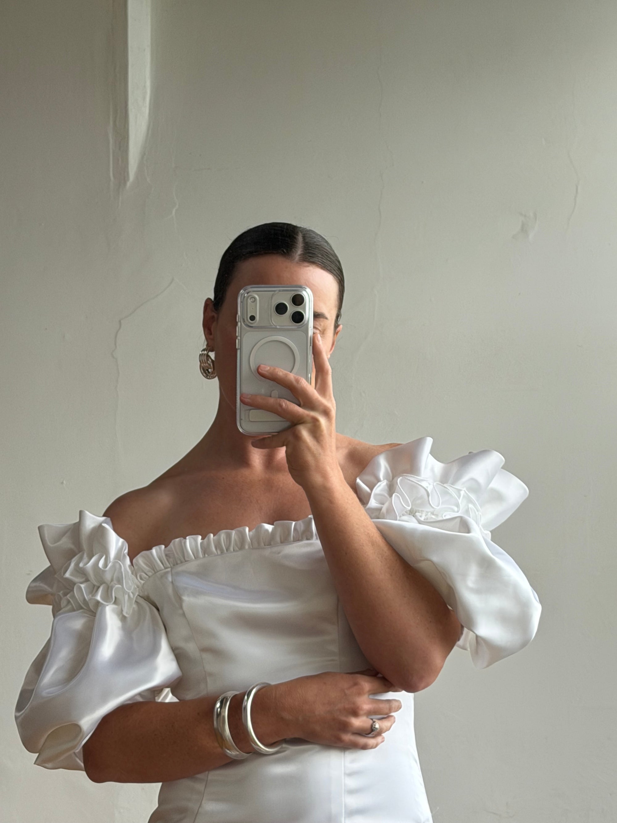 Vintage 80s Satin Drop Waist Wedding Gown