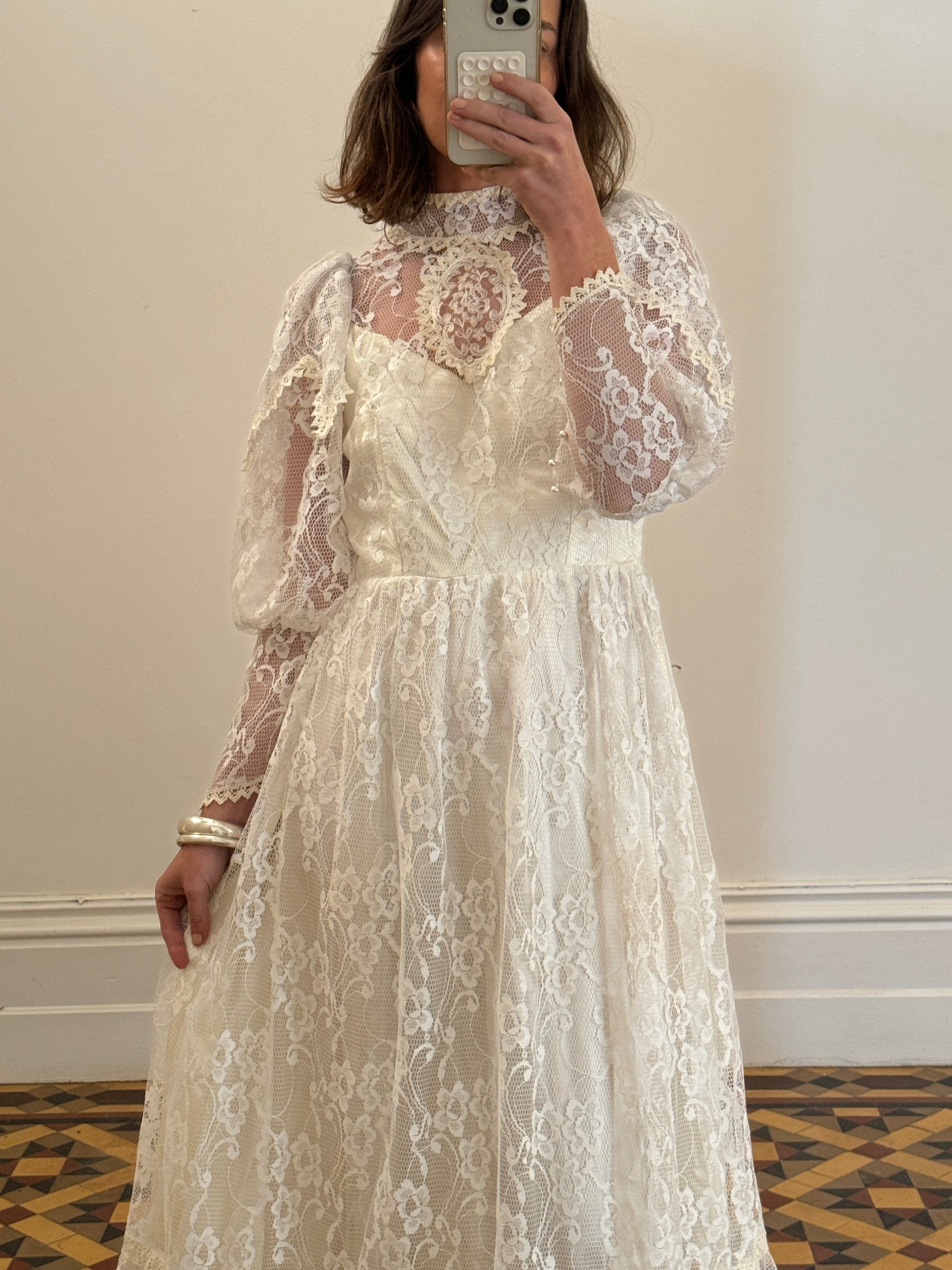 Vintage 70s Crochet Lace Mesh Maxi