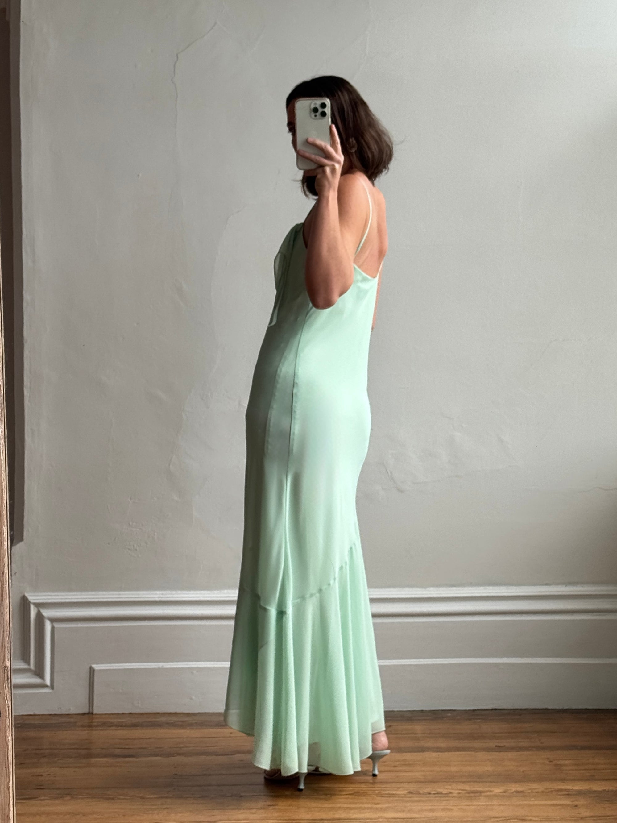 Vintage Y2K Asymmetric Chiffon Ruffle Dress Mint Green