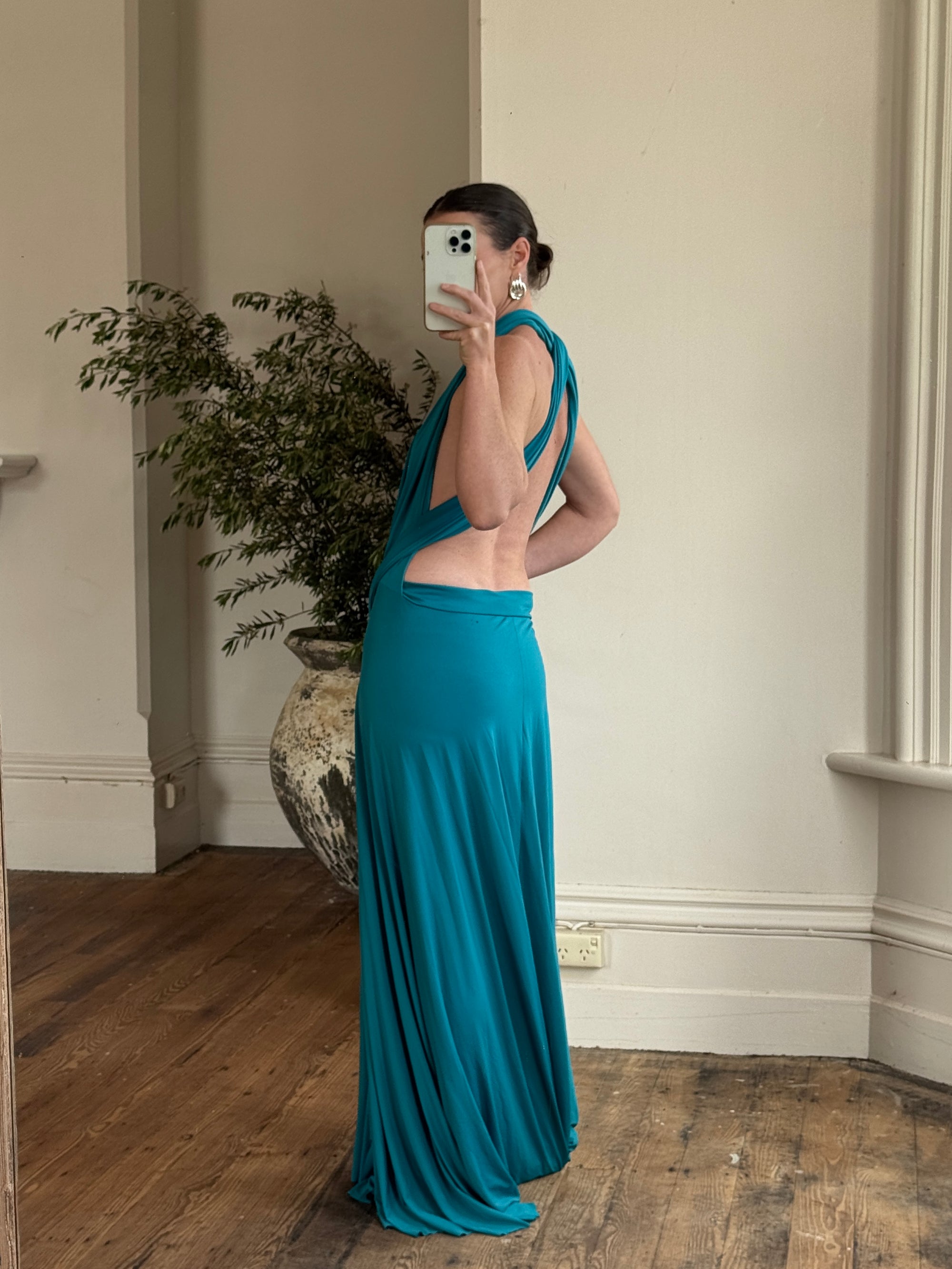 Vintage Y2K Plunging Jersey Multiwear Maxi Dress Teal