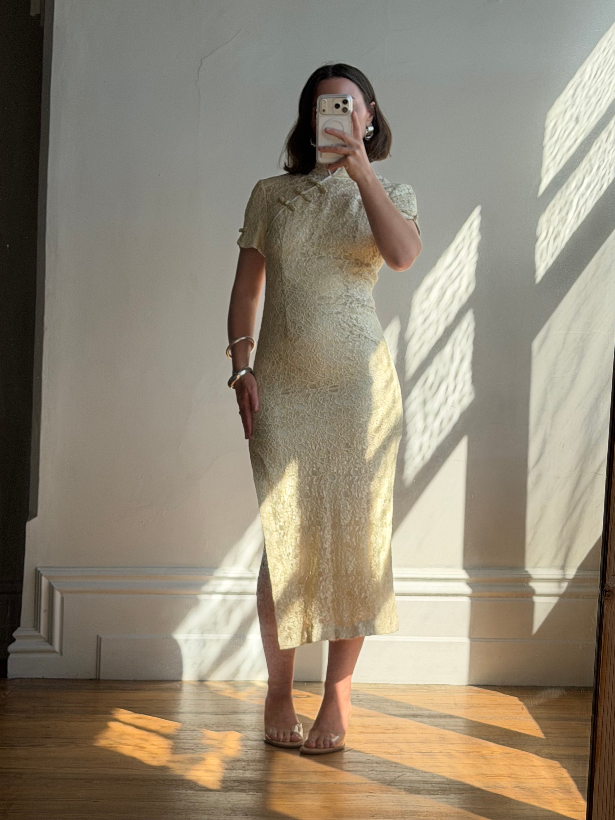 Vintage 90s Mandarin Collar Guipure Lace Midi Dress