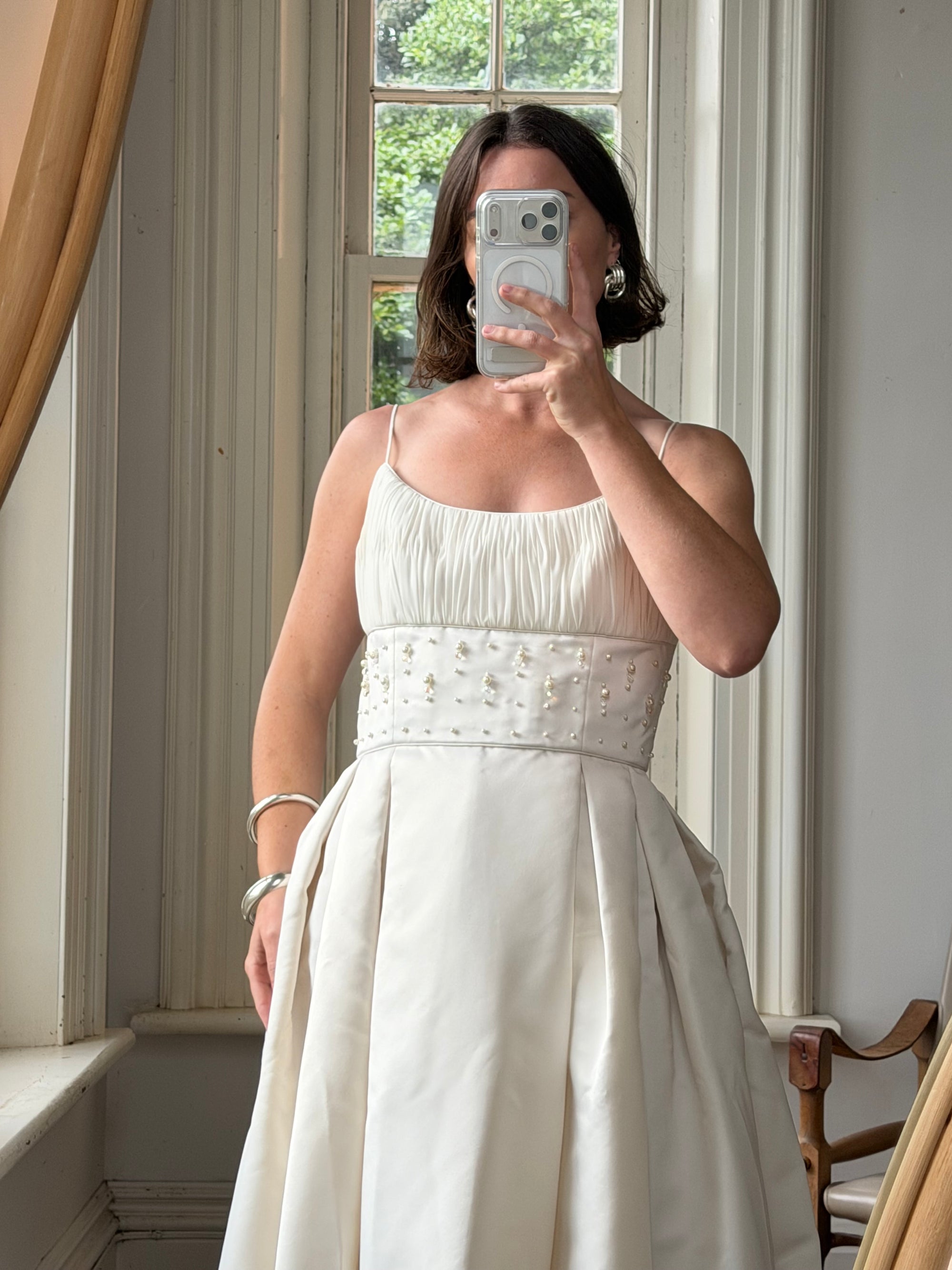 Vintage 90s Crystal Gathered Princess Satin Wedding Gown