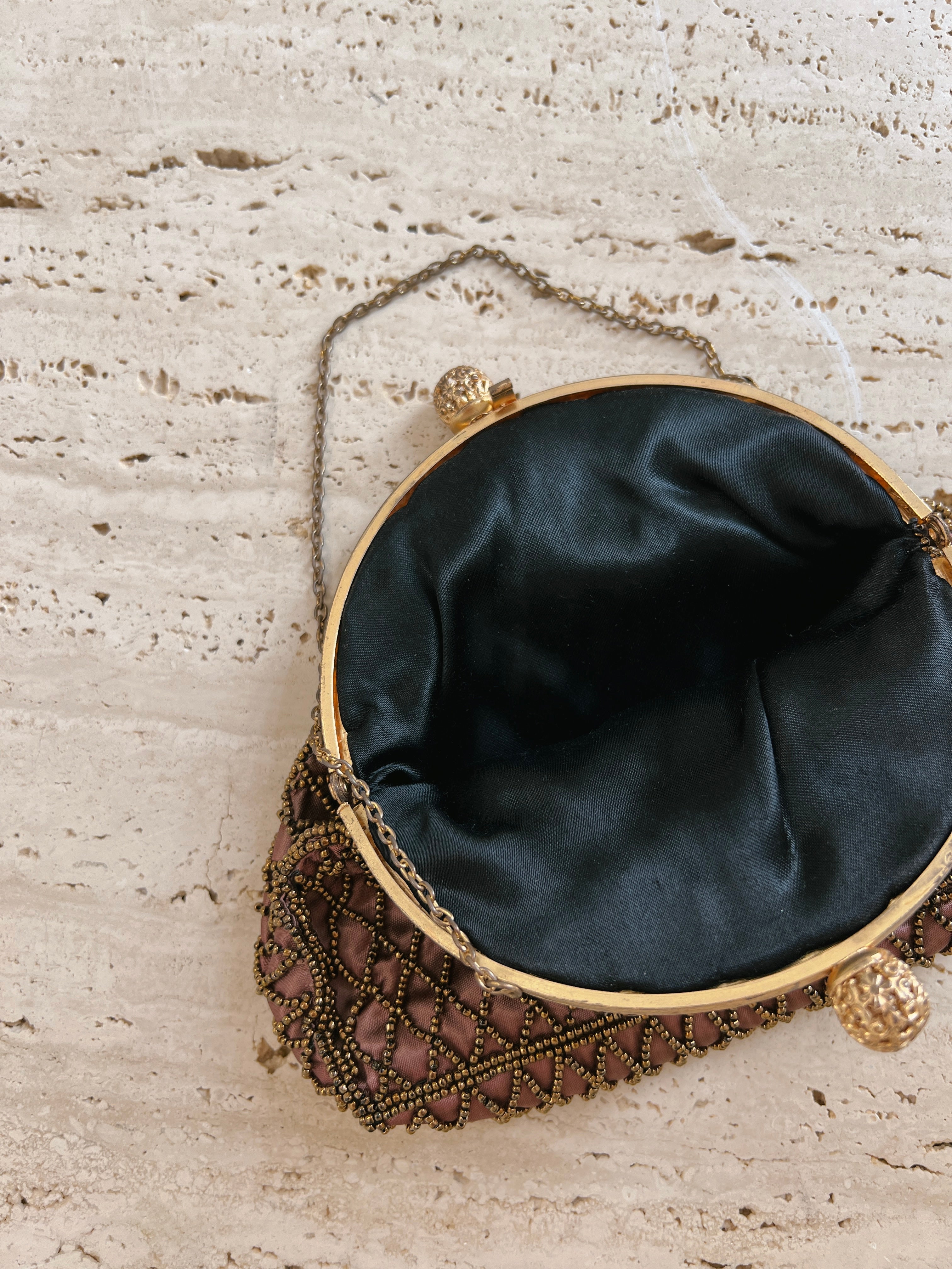 Vintage Brown Satin Beaded Petite Purse
