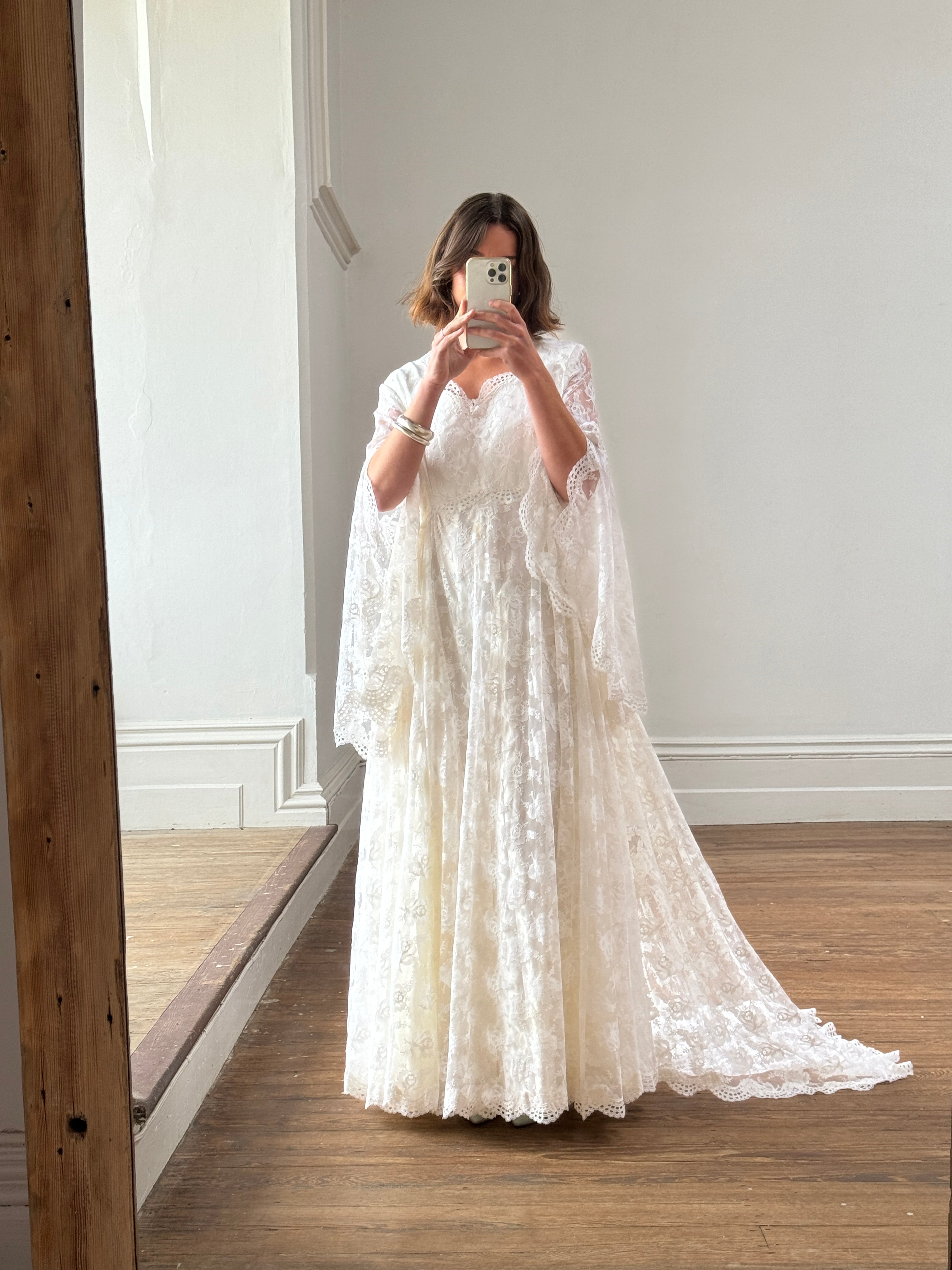 Vintage 70s Butterfly Lace Bridal Gown