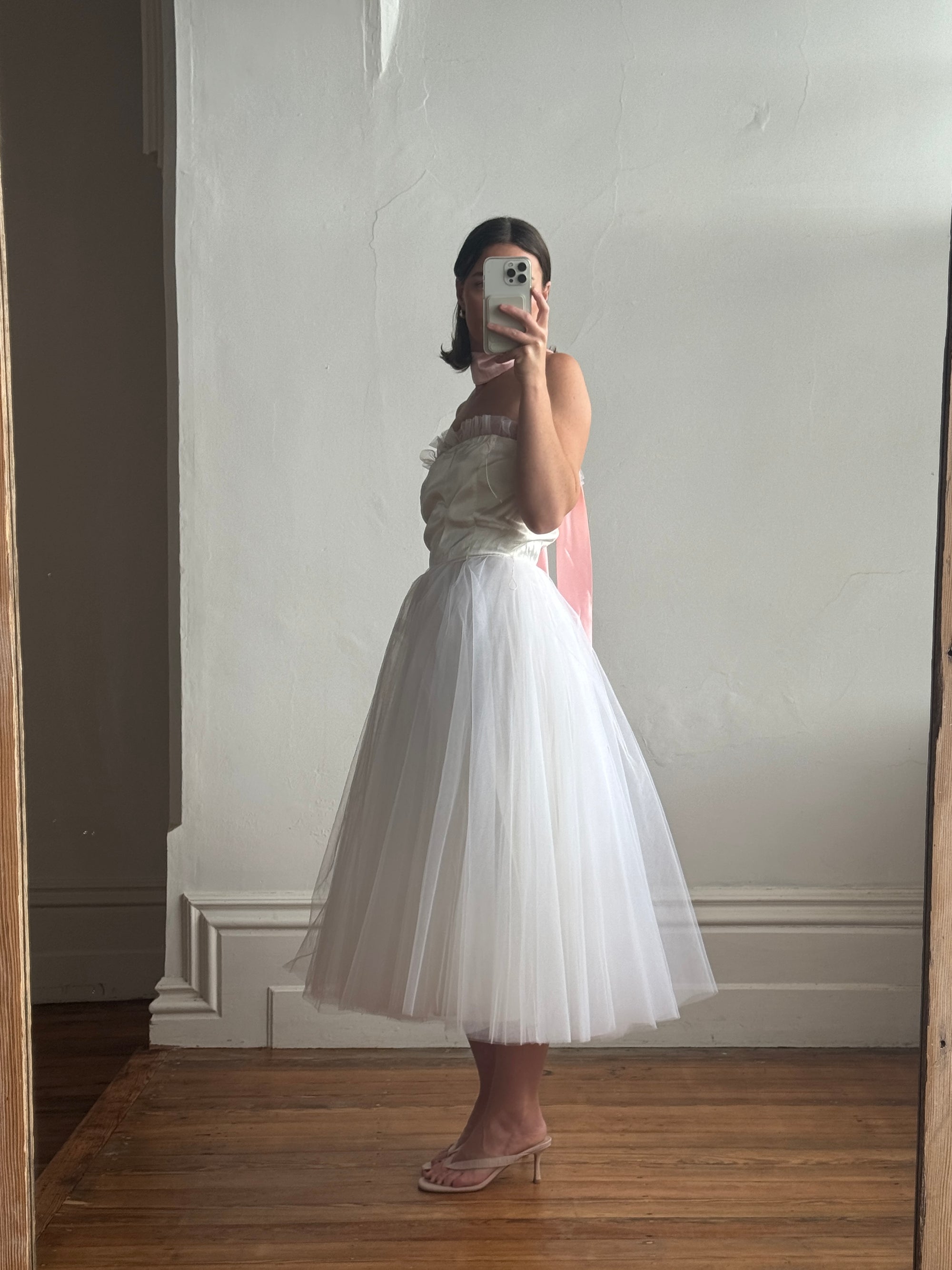 Vintage 80s Cupcake Tulle Dress With Salmon Waist Tie