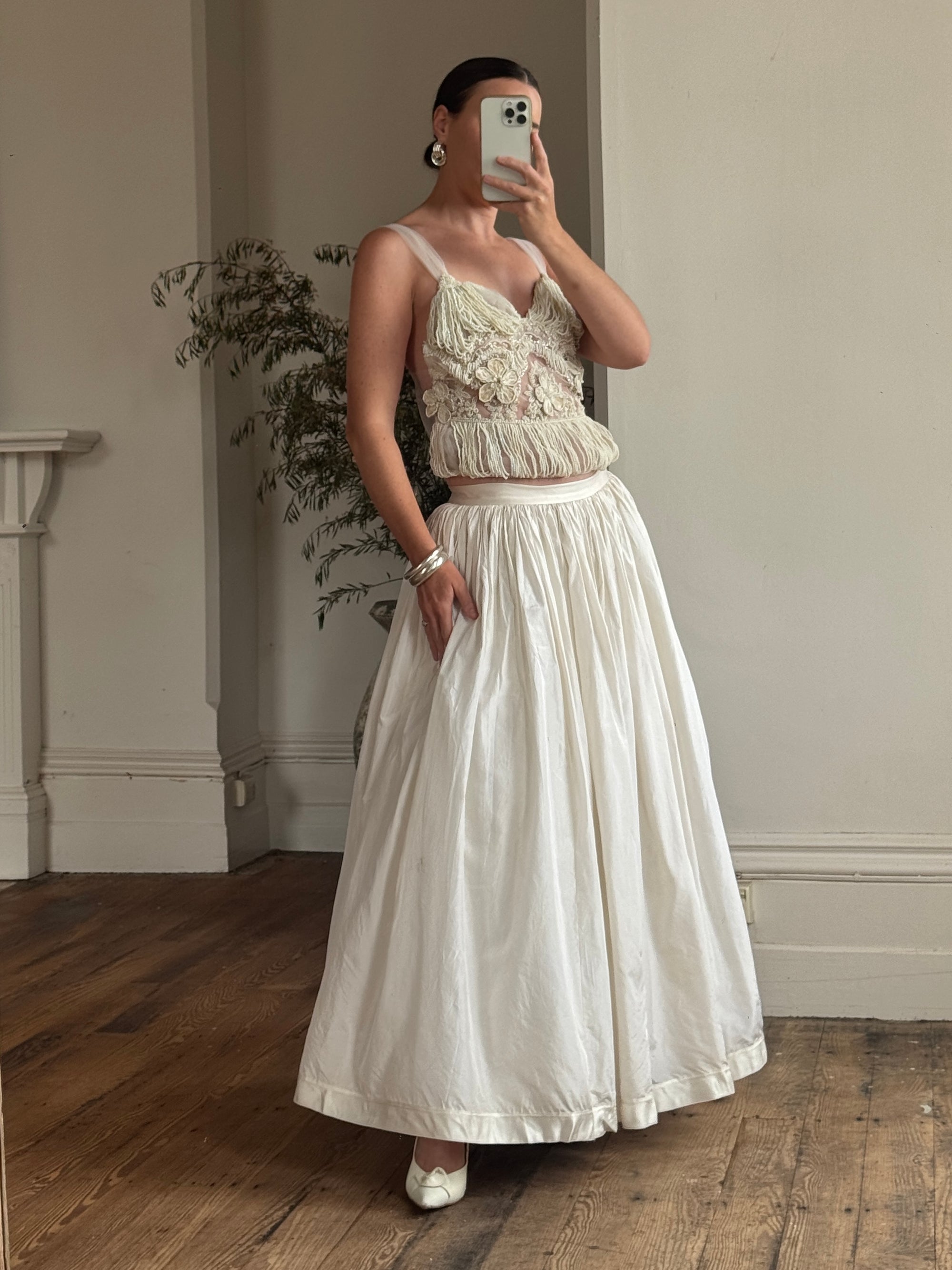 Vintage 90s Two Piece Tulle Beaded Top and Princess Silk Satin Skirt
