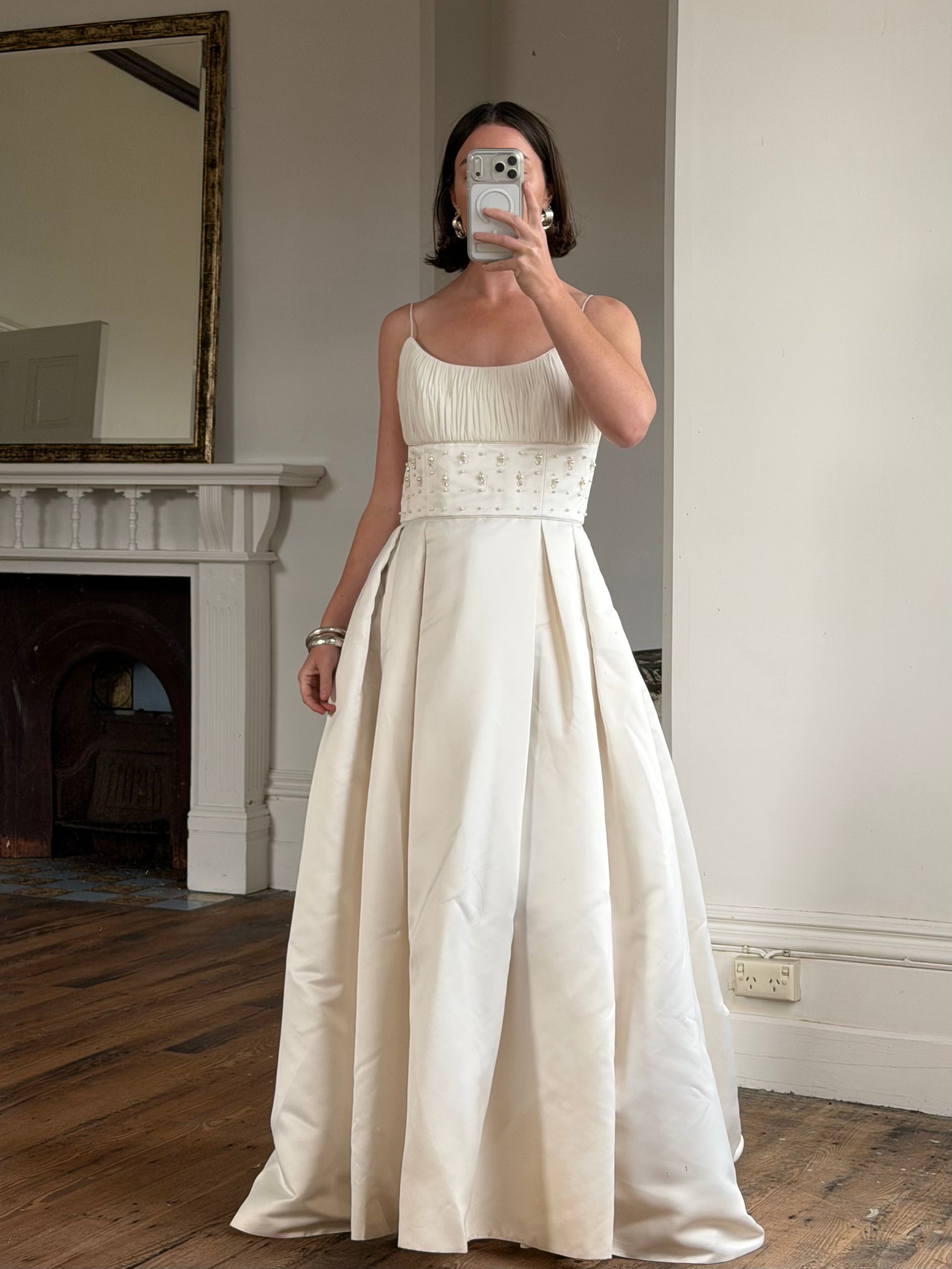Vintage 90s Crystal Gathered Princess Satin Wedding Gown