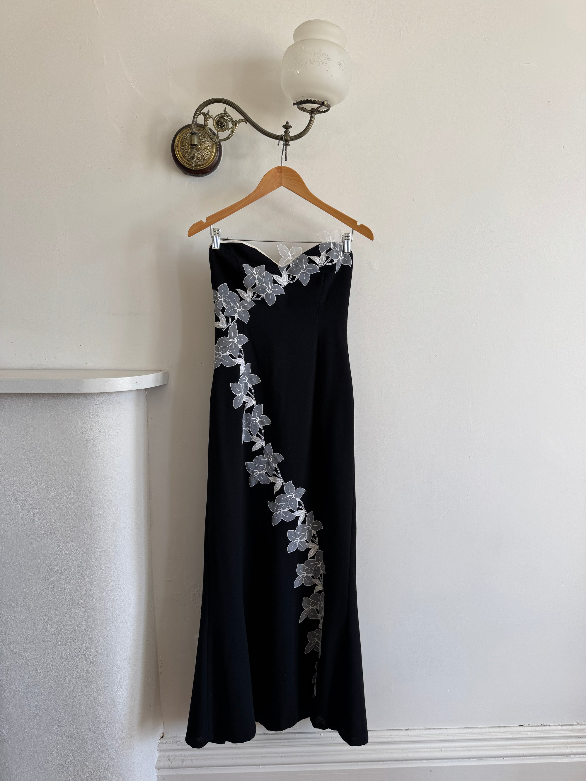 Vintage 90s Black Mermaid Dress with White Organza Flower Applique