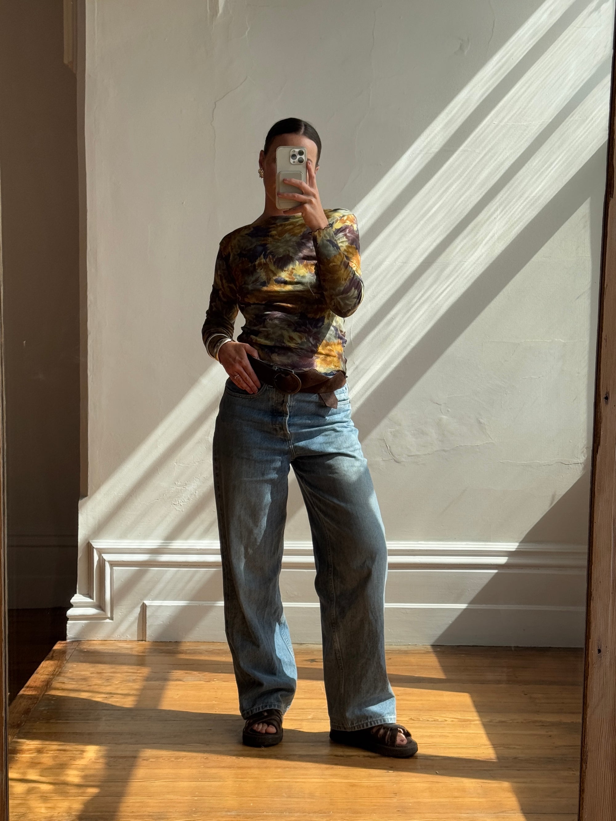 Vintage 90s Floral Mesh Top Navy Gold