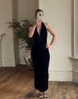 Vintage 90s Plunging Navy Velvet Bodycon Dress with Silver Hardware