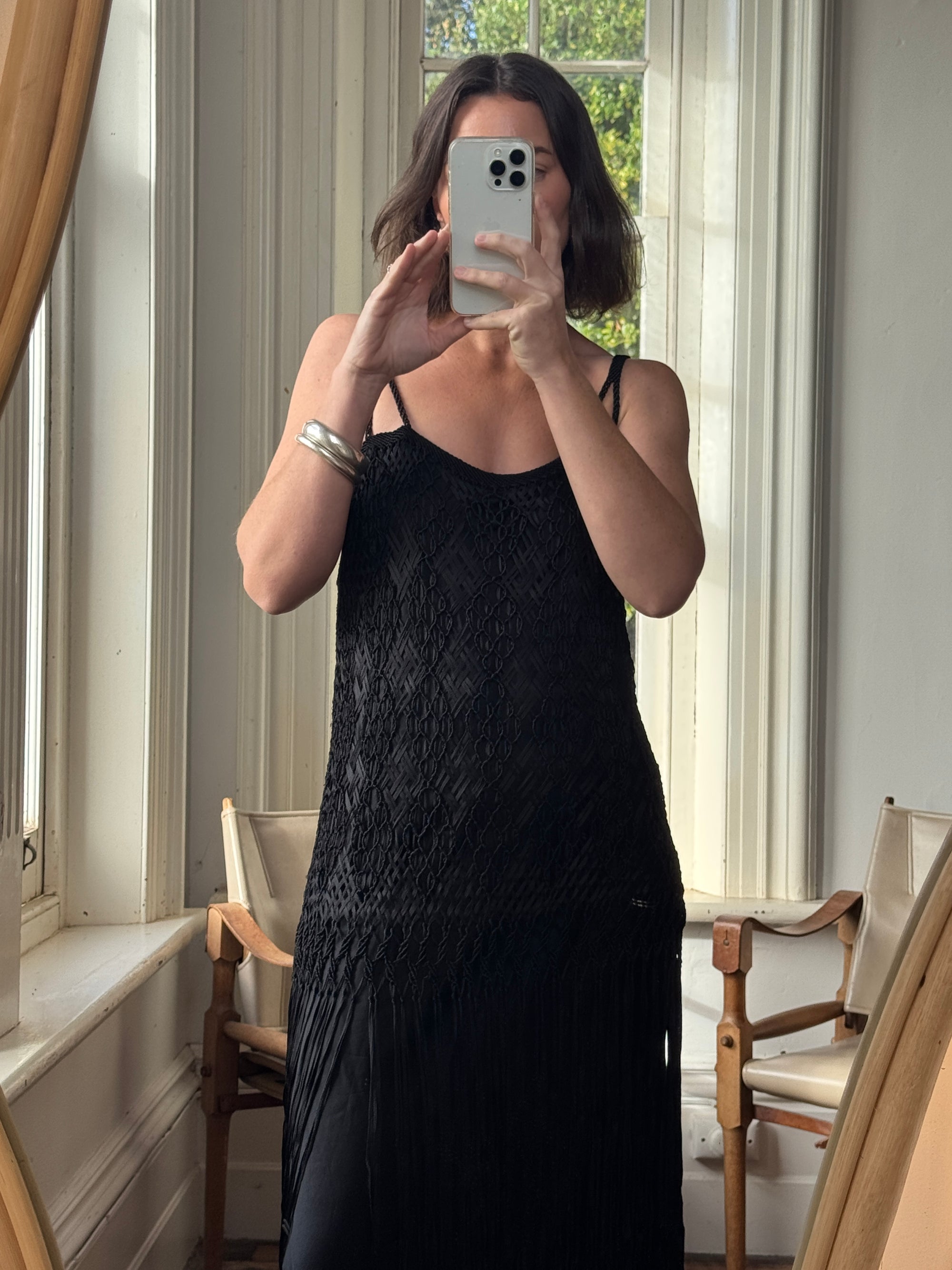 Vintage 90s Silk Crochet Tassel Midi Noir