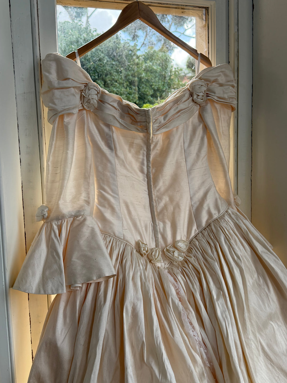 Vintage 90s Silk Dupion Off Shoulder Rosette Bridal Ballgown