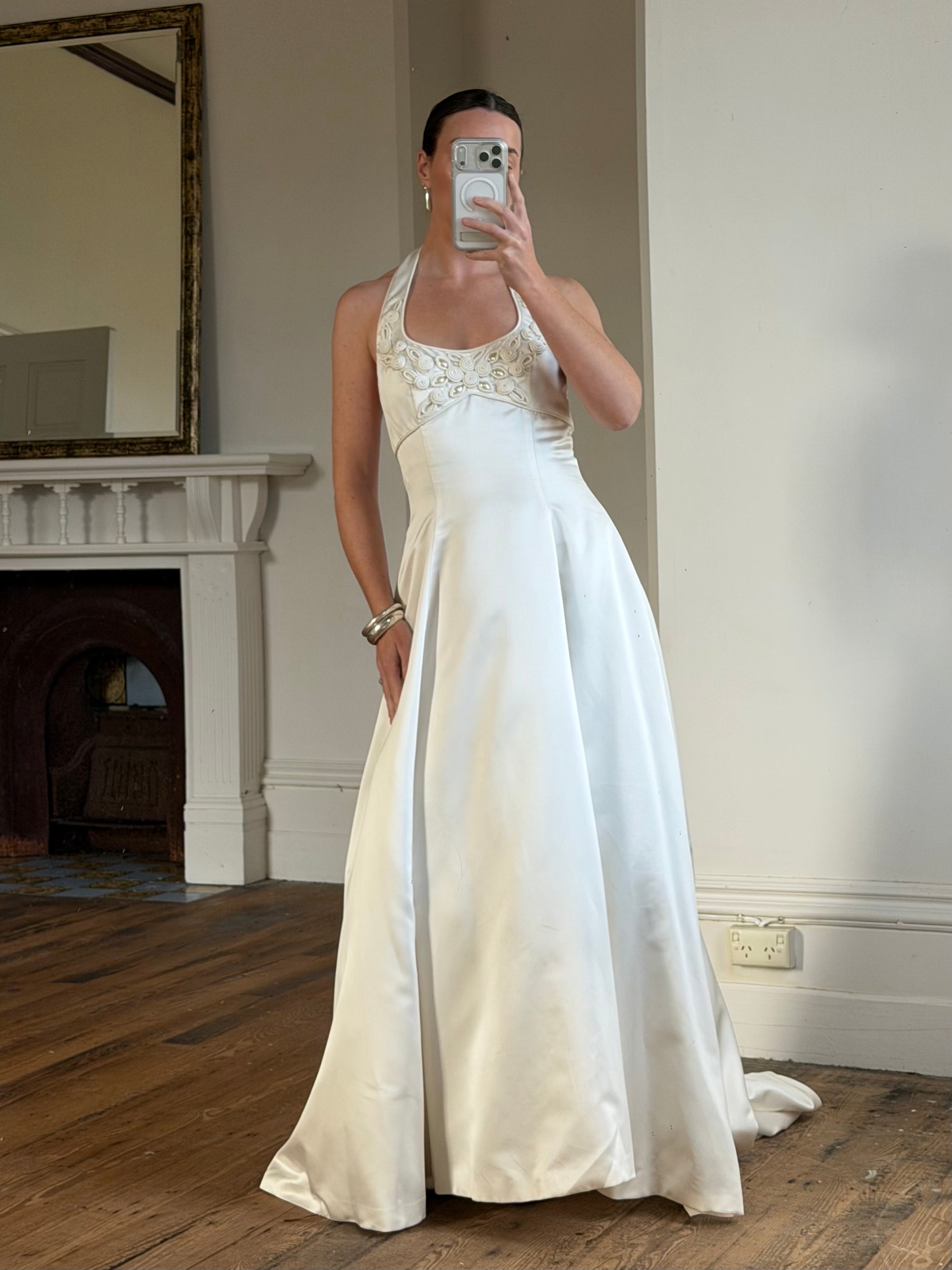 Vintage 90s Ivory Beaded Halter Bridal Ballgown