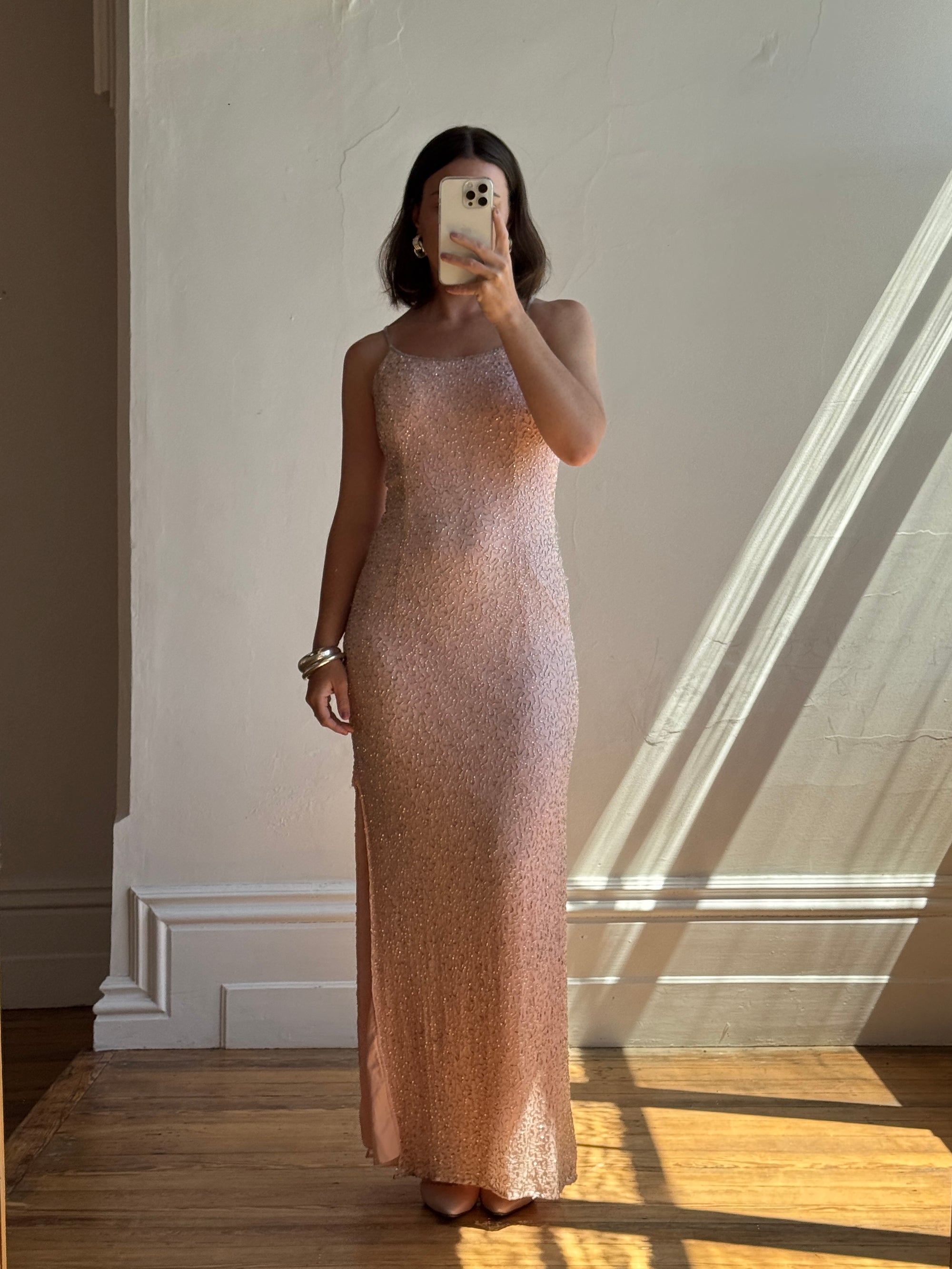 Vintage 90s Beaded Silk Party Dress Blush