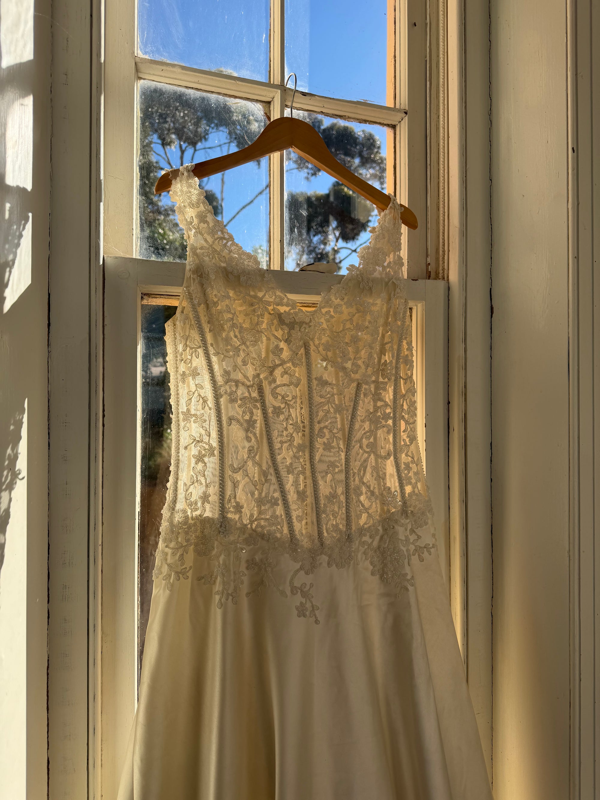 Vintage 90s Italian Naked Embroidered Satin Wedding Dress