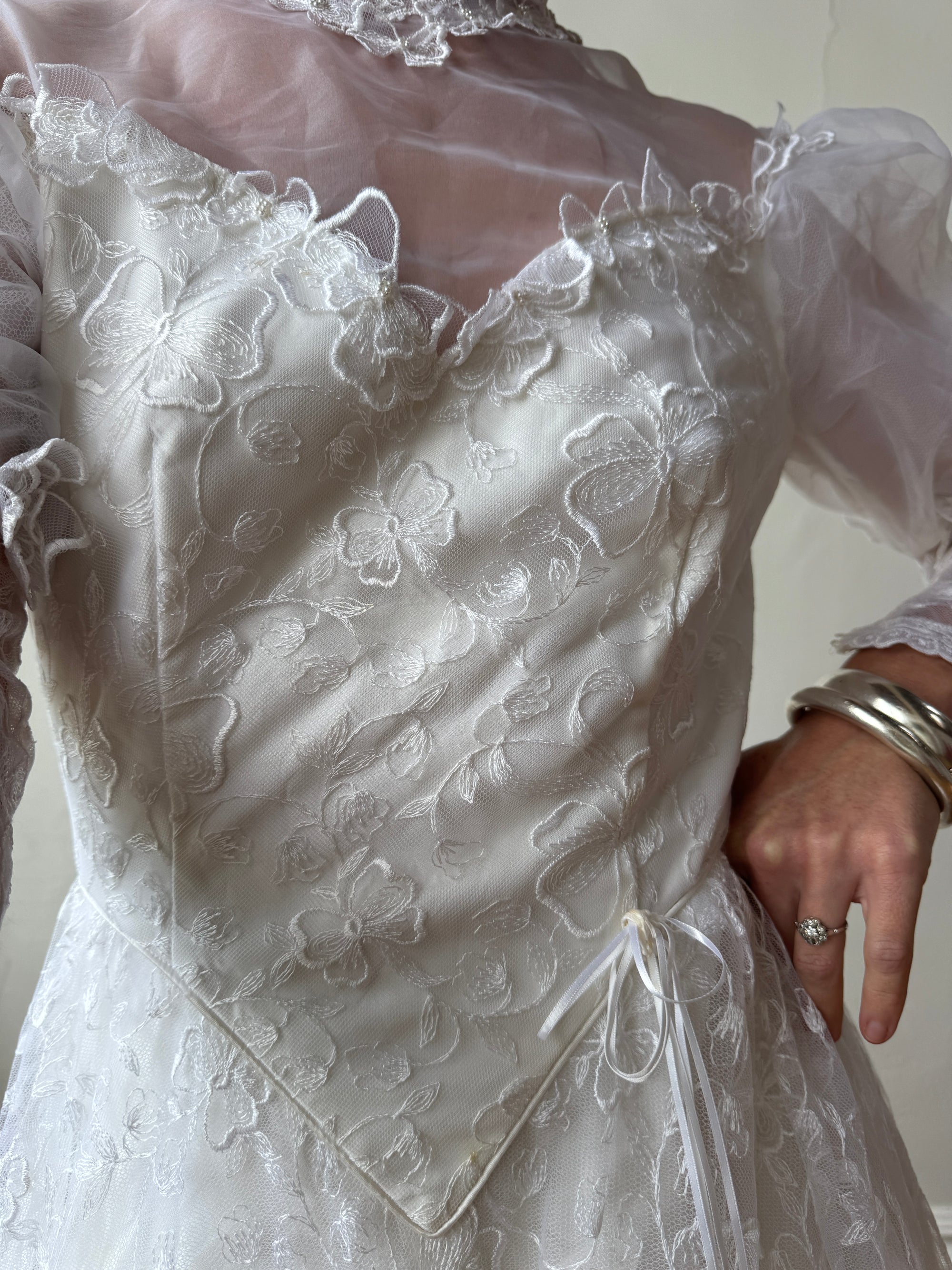 Vintage 70s Puff Sleeve Organza Ruffle Wedding Gown