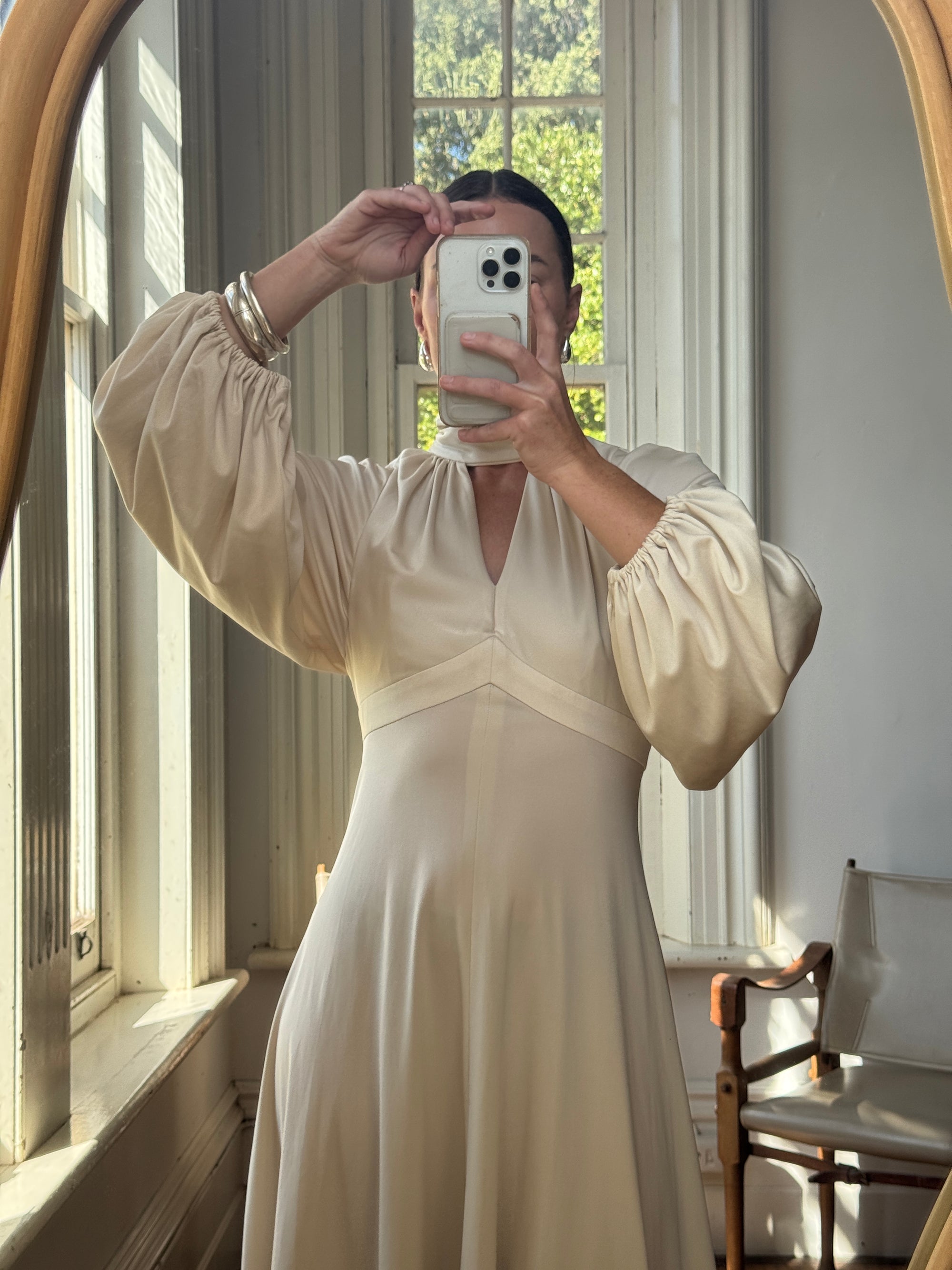 Vintage 70s Jersey High Neck Maxi Dress Creme