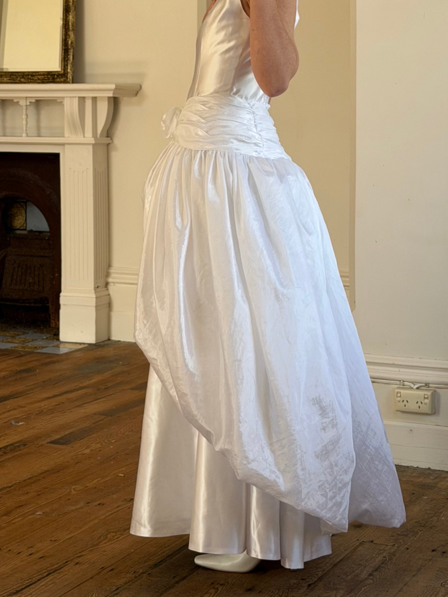 Vintage 90s Strappy Wedding Dress With Rosette Cape Pearl