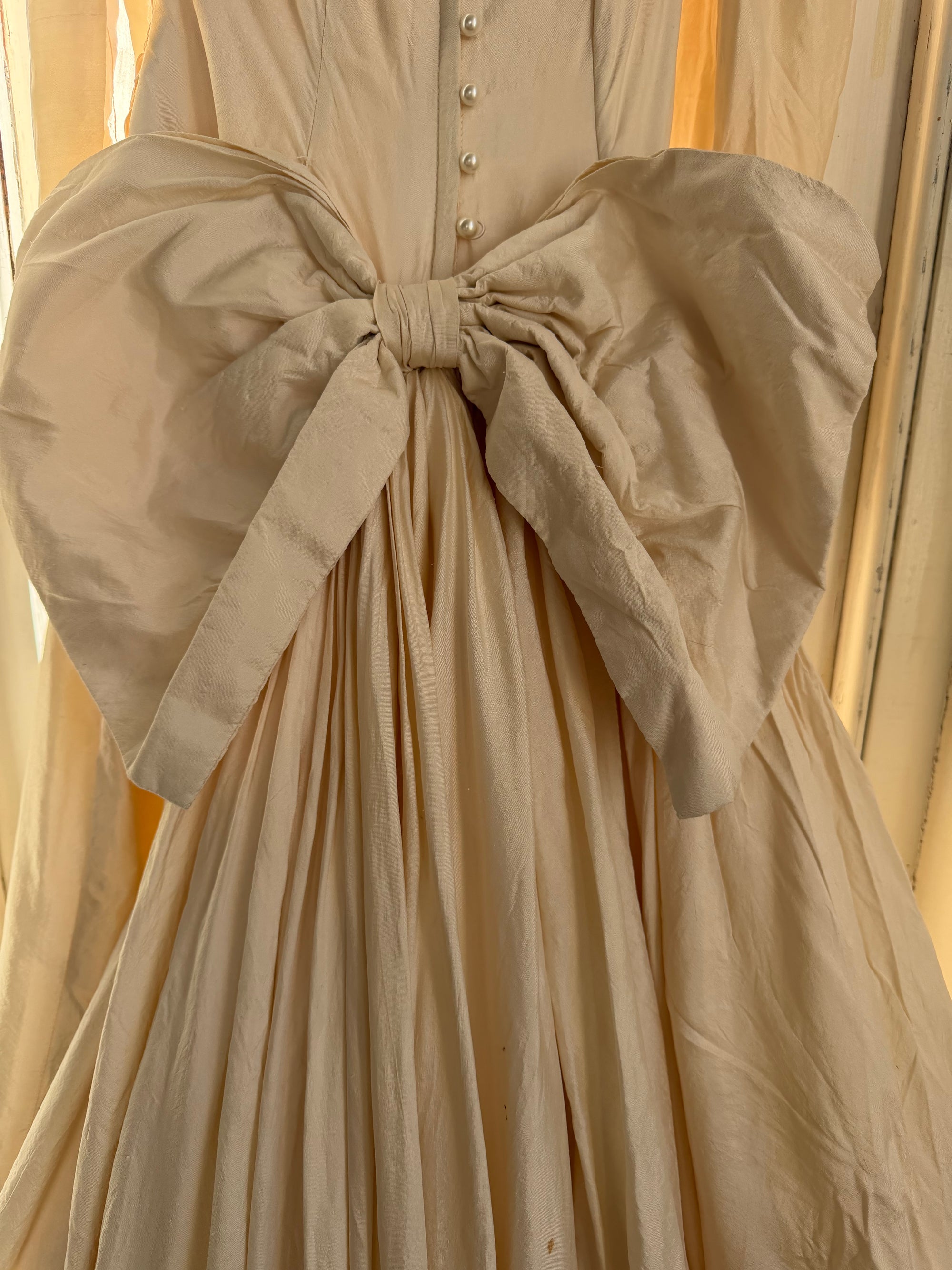 Vintage 90s Silk Rosette Off Shoulder Gown With Bow Train