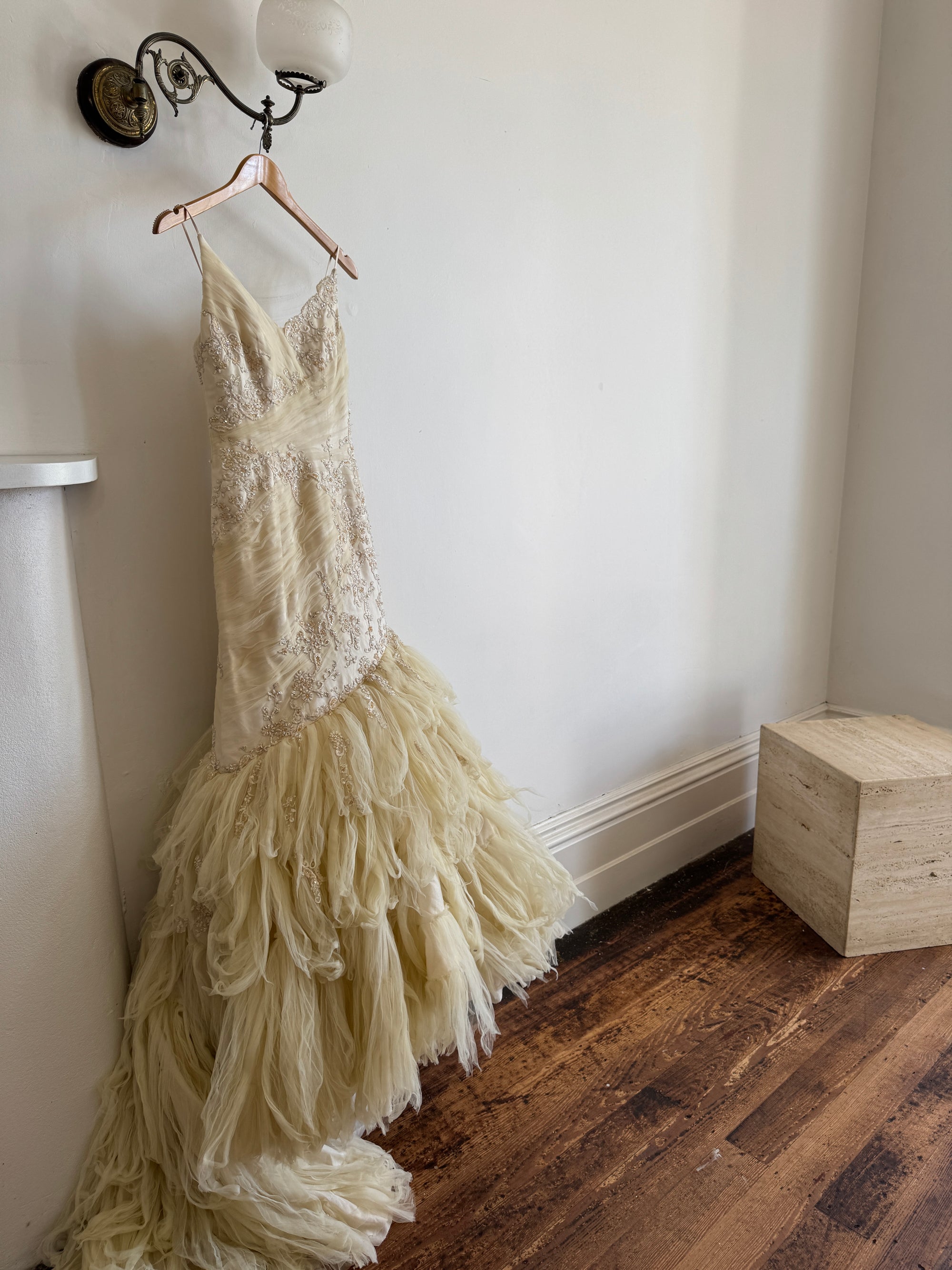 Vintage 90s Fishtail Beaded Tulle Wedding Gown Champagne