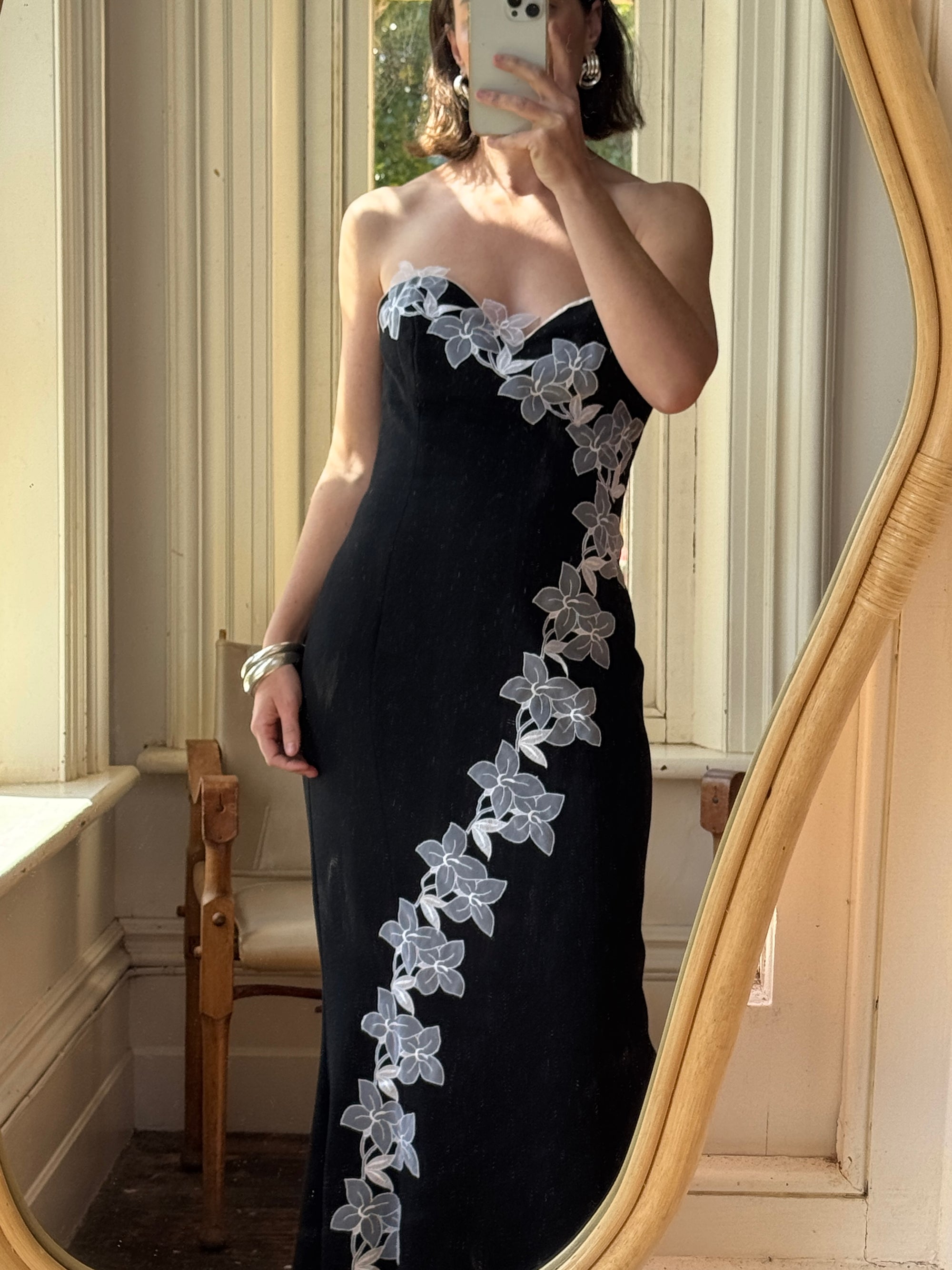 Vintage 90s Black Mermaid Dress with White Organza Flower Applique