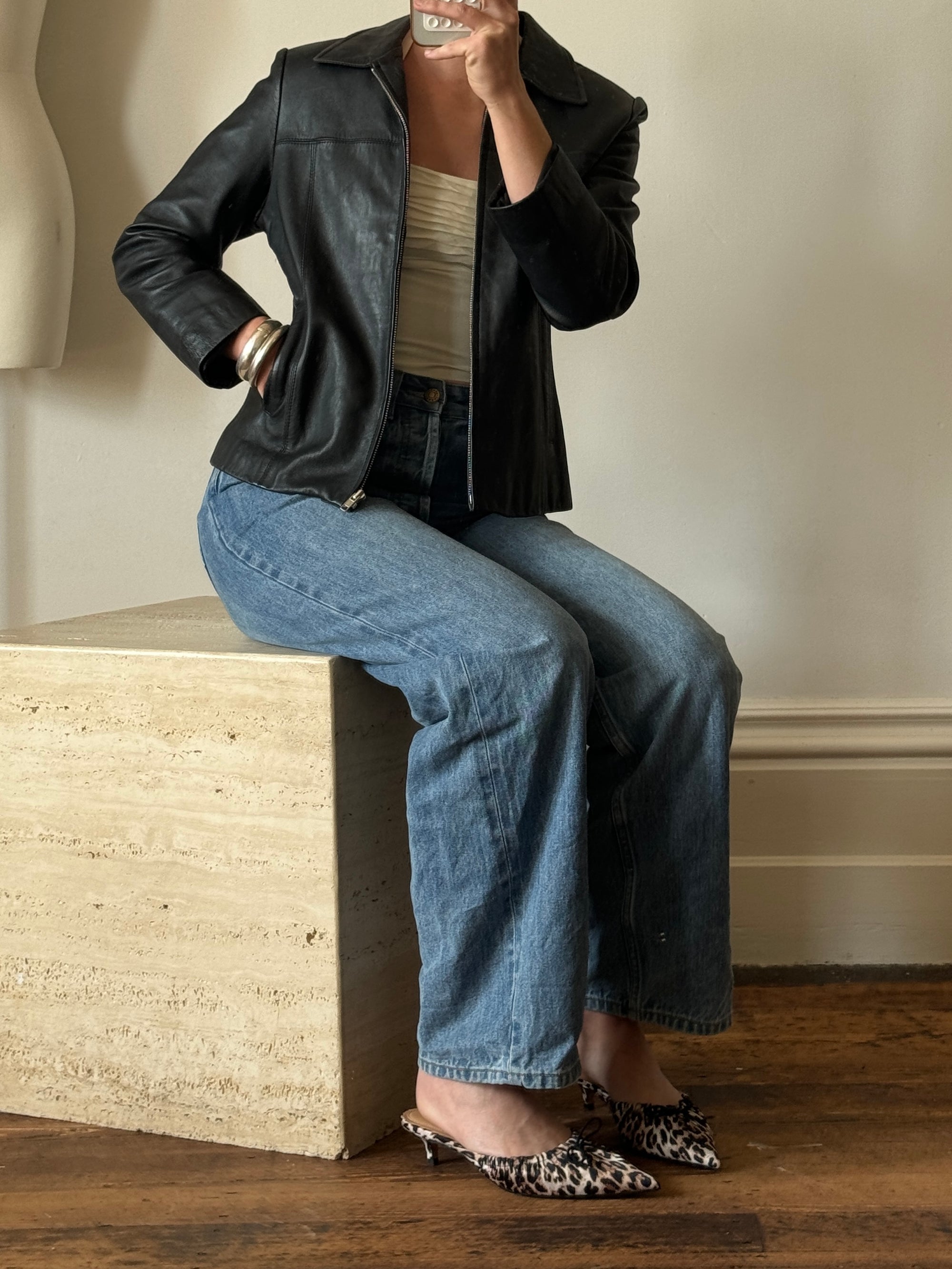 Vintage 90s Zip Front Leather Jacket Noir