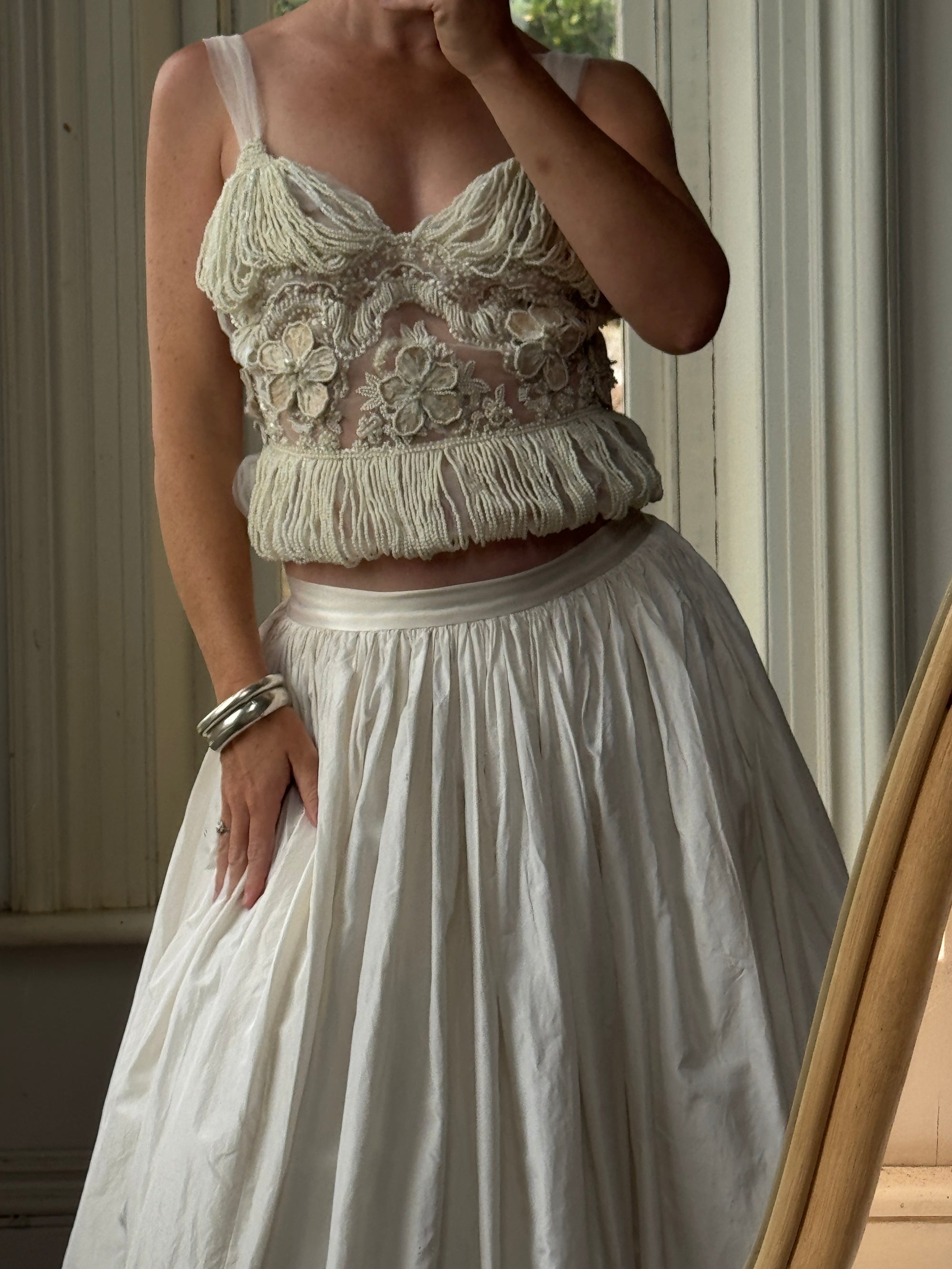 Vintage 90s Two Piece Tulle Beaded Top and Princess Silk Satin Skirt